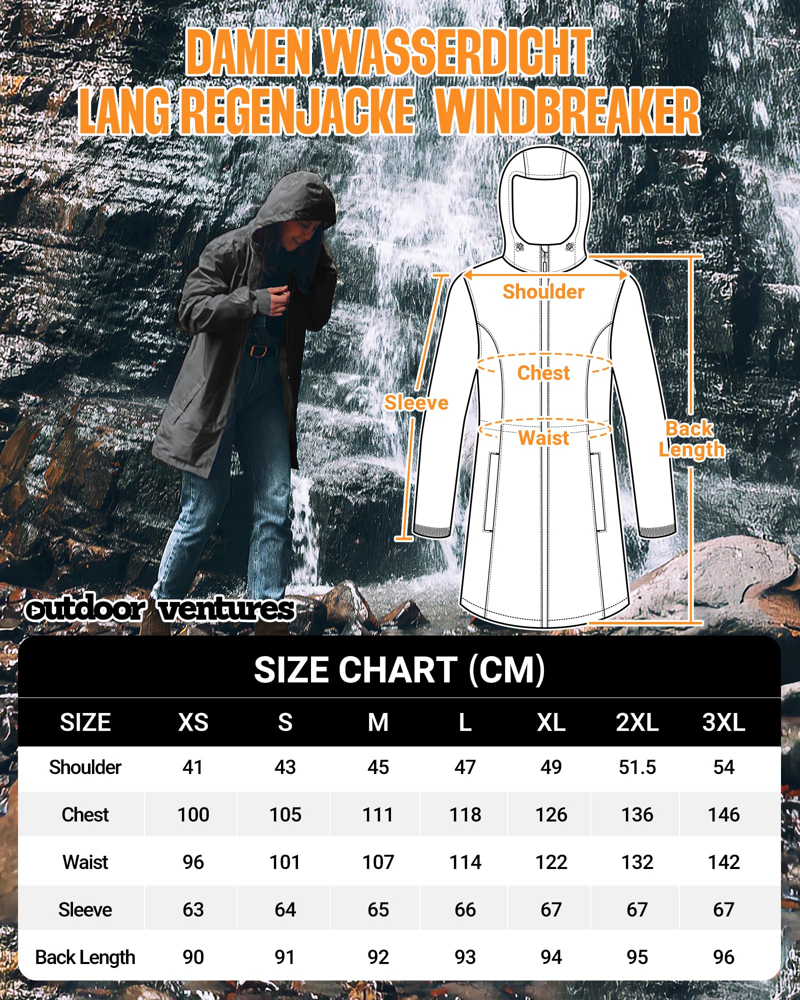 Outdoor Ventures Damska wodoodporna kurtka przeciwdeszczowa, długa, wiatrówka, kurtka przejściowa, lekka, oddychająca, kurtka outdoorowa, Raincoat parka przeciwdeszczowa z kapturem