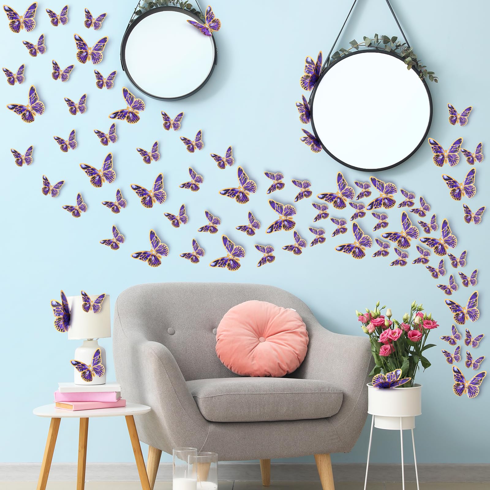 36 Pcs 3D Butterfly Wall Decor Stickers | Removable Metallic Purple Decals For Room, Nursery, Party