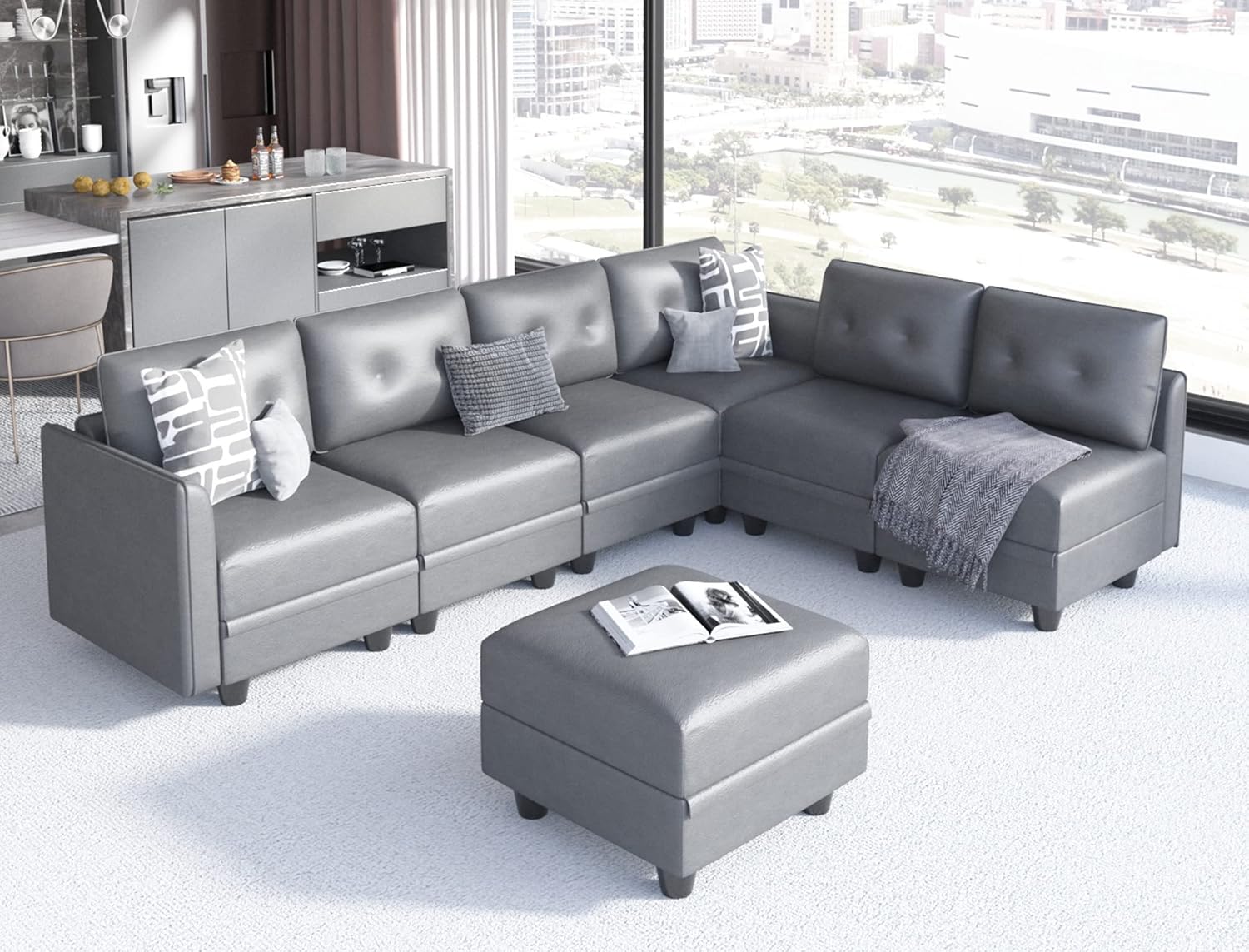 LLappuil Modular Sectional Sofa, Faux Leather Fabric L