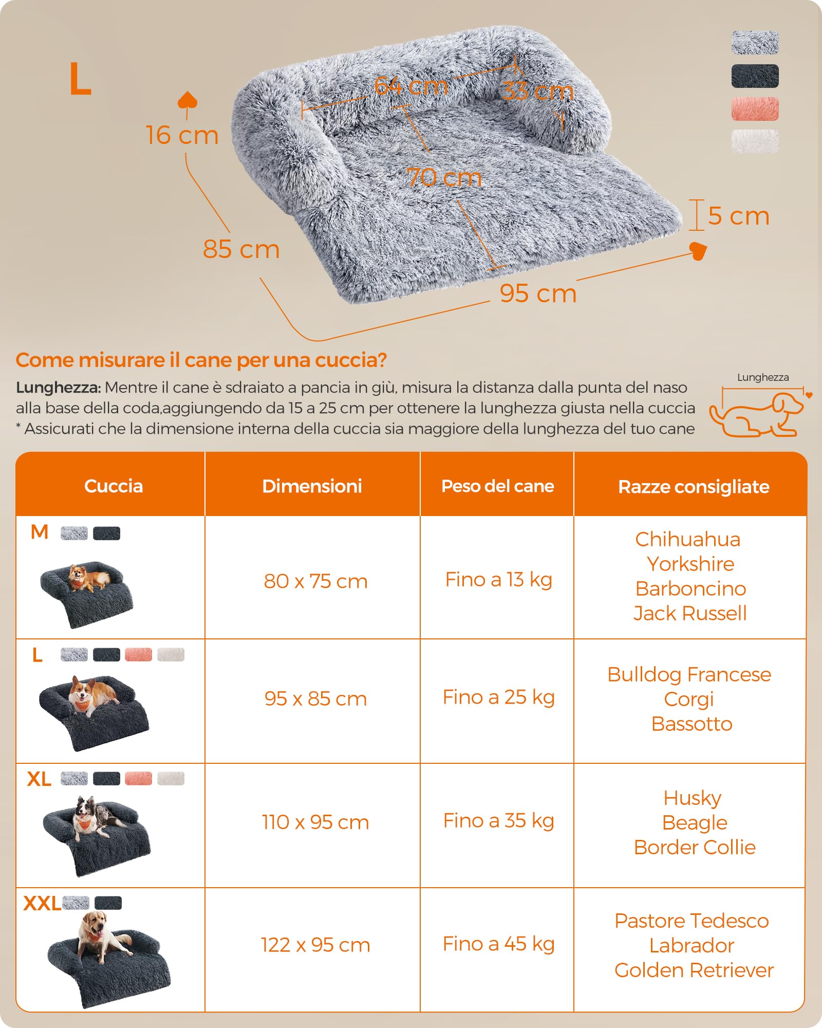 Feandrea FluffyHug Cuccia Divano per Cani di Peluche, Tappeto Copridivano per Animali, Taglia L, per Cani di Media Taglia, 95 x 85 x 16 cm, Grigio Ombré PGW222G01