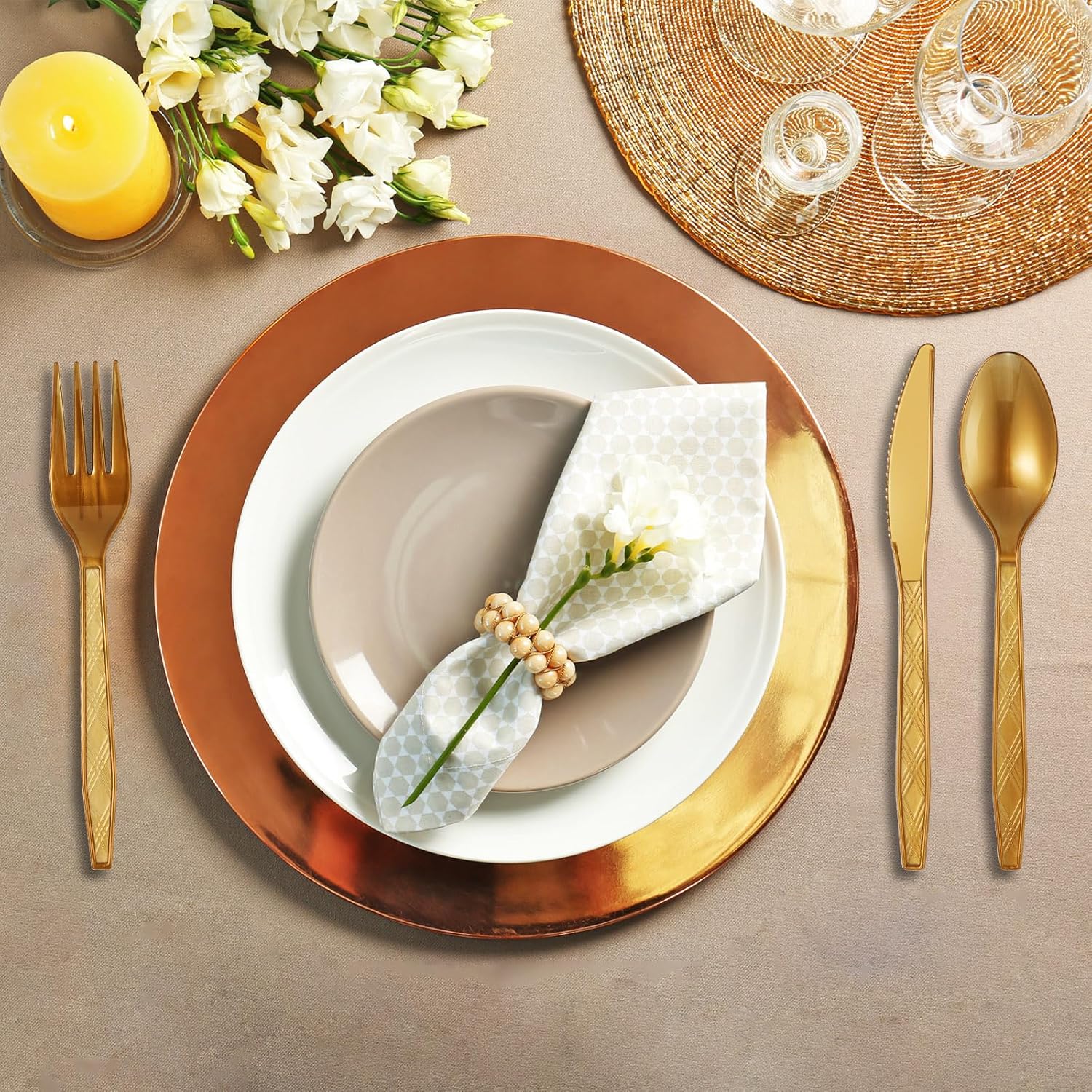 Coume 300 Pcs Gold Plastic Silverware Disposable Cutlery Set Plastic Utensils Heavy Duty Flatware Dinnerware with 100 Gold Forks, 100 Gold Spoons, 100 Gold Knives for Party, Birthday, Wedding Favors