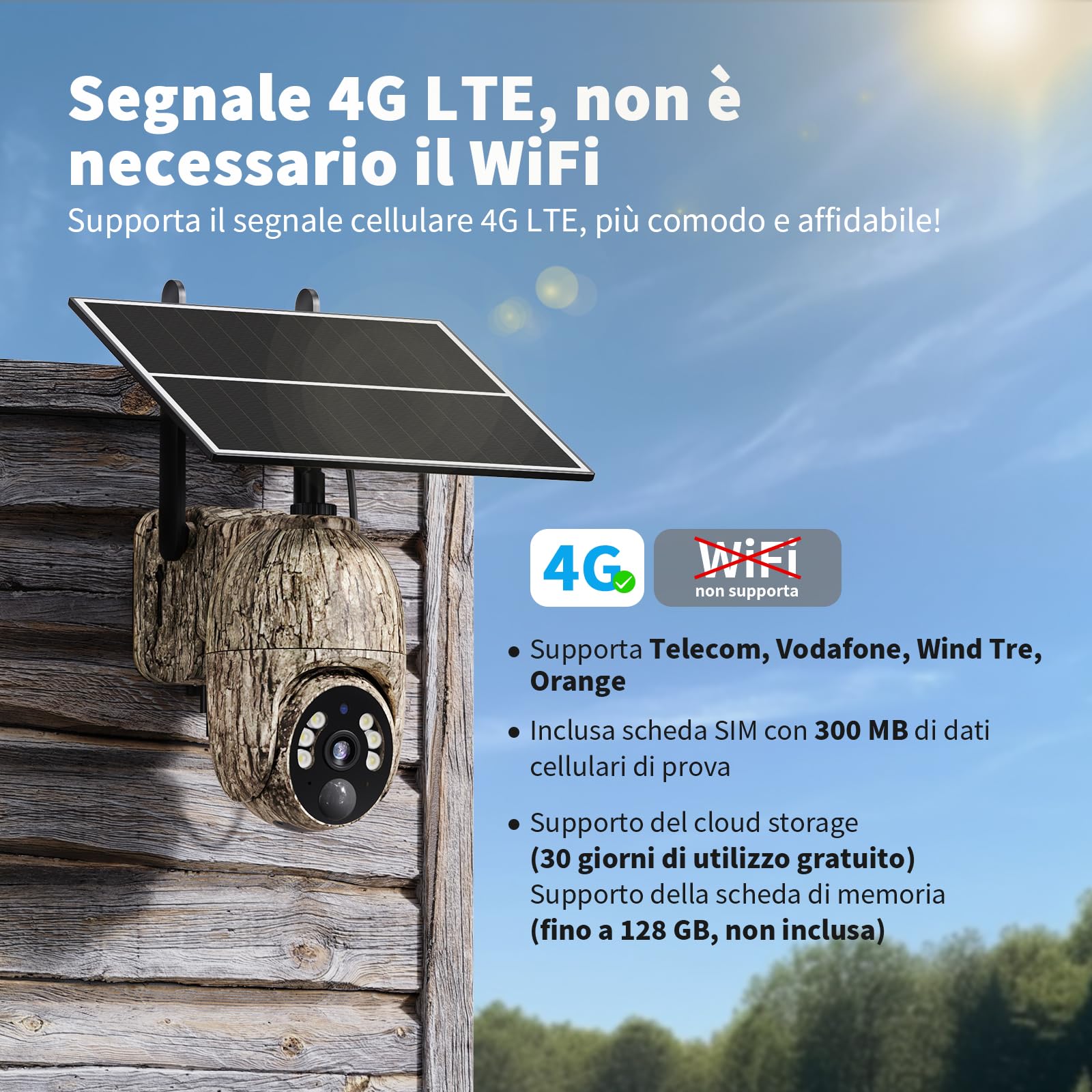 Fotocamera da Caccia Solare 4G LTE, 2K PTZ Fototrappola con SIM, Pannello Solare e APP, Rilevamento PIR, Visione Notturna a Colori