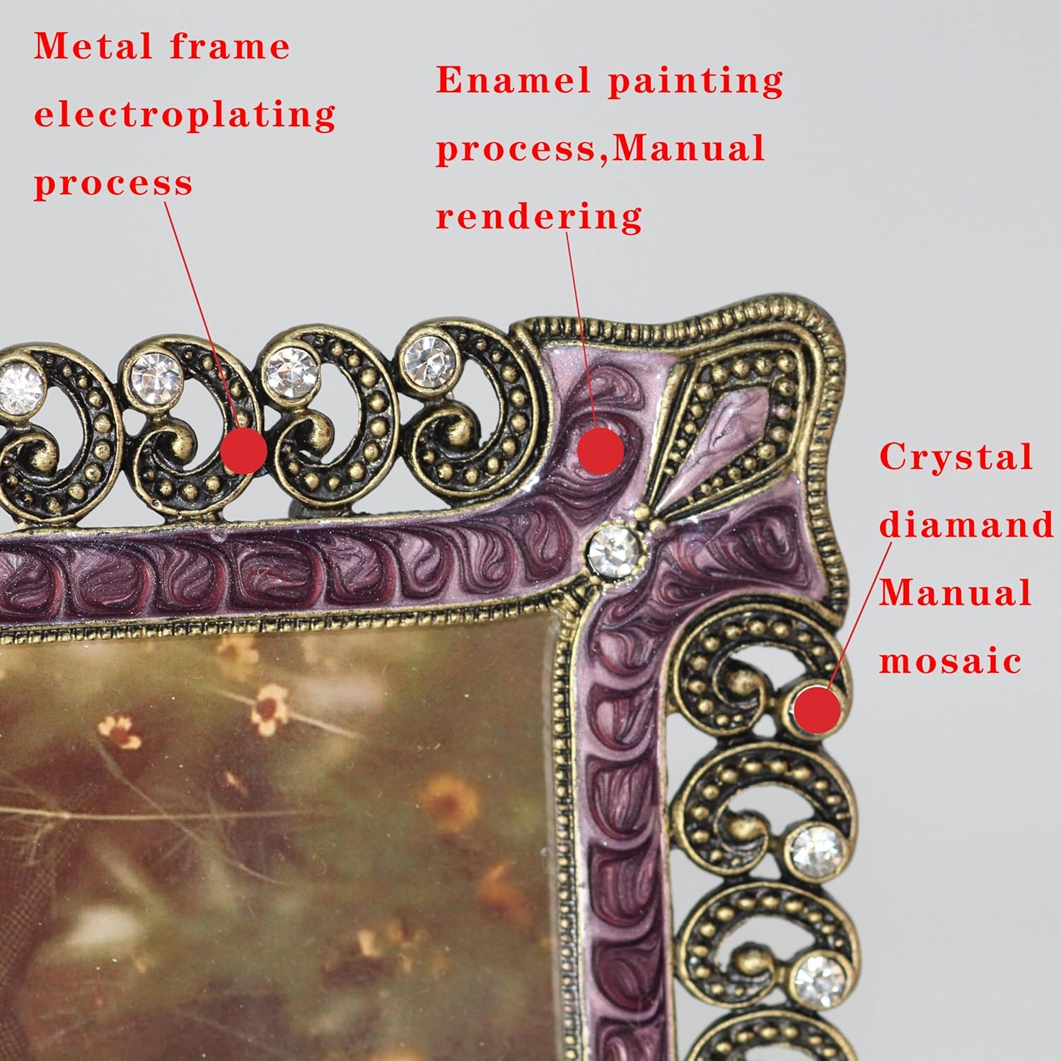 Metal Picture Frames,Gold Metal Frame Crystals Purple Antique PurplePhoto Frame For Retro Home Decor, Wall Mount and Tabletop Display, Art Gallery Gift (Purple, 4 * 6inch)