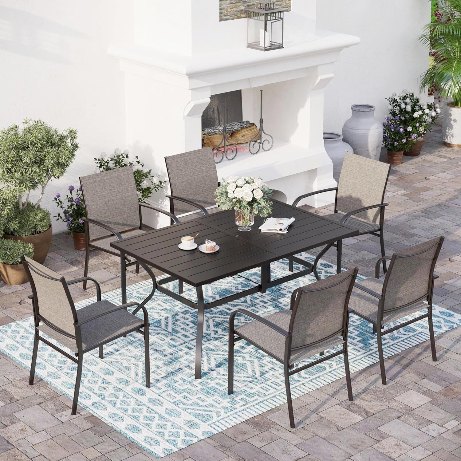 SUNSHINE VALLEY 7 Piece Patio Dining Set for 6, Rectangular Metal Table with Umbrella Hole, 6 Brown Dining Chairs, Outdoor Table and Chairs Set for Lawn Backyard and Deck