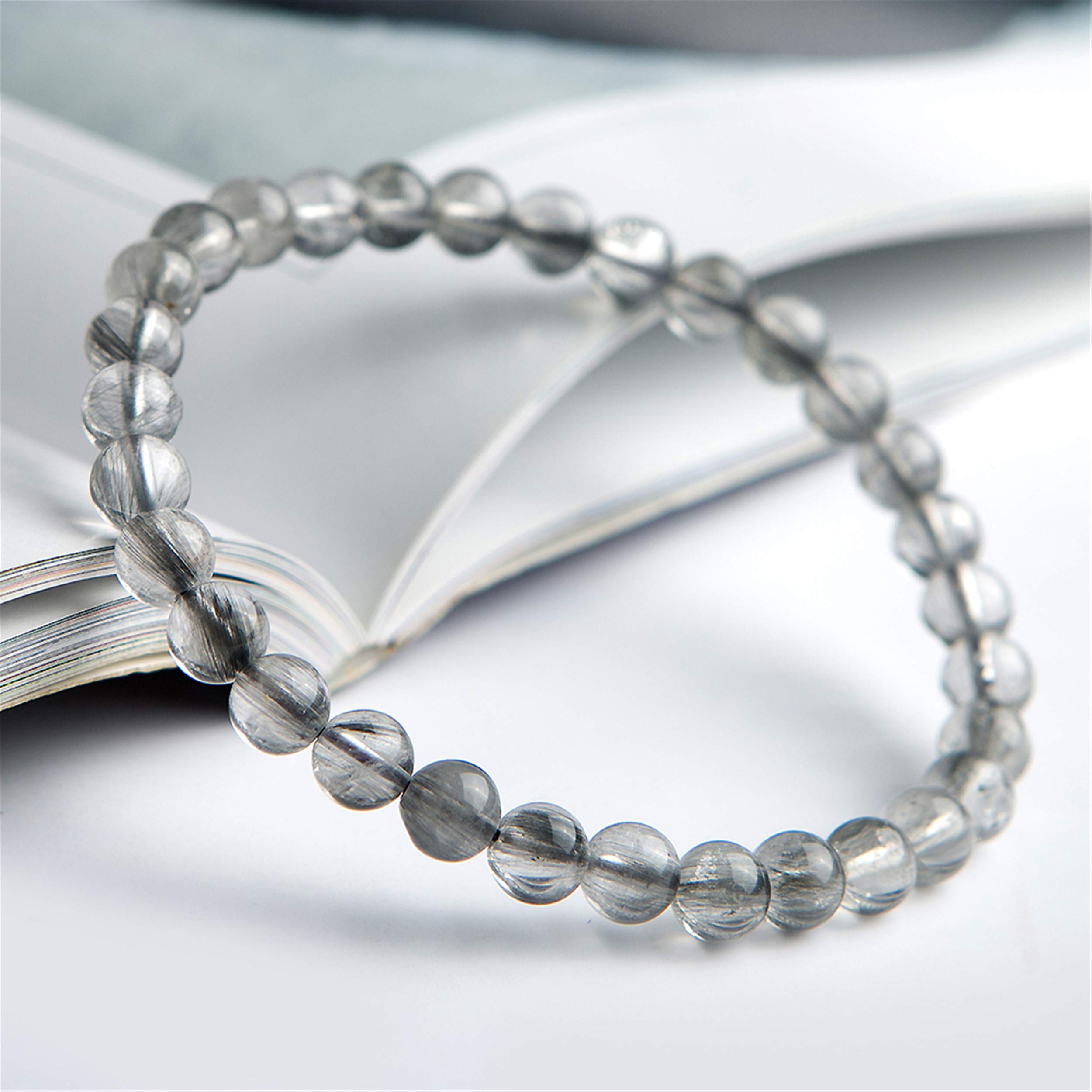 Bracciale da donna con perline tonde elasticizzate in di quarzo rutilato platino naturale Brookite da 6 mm