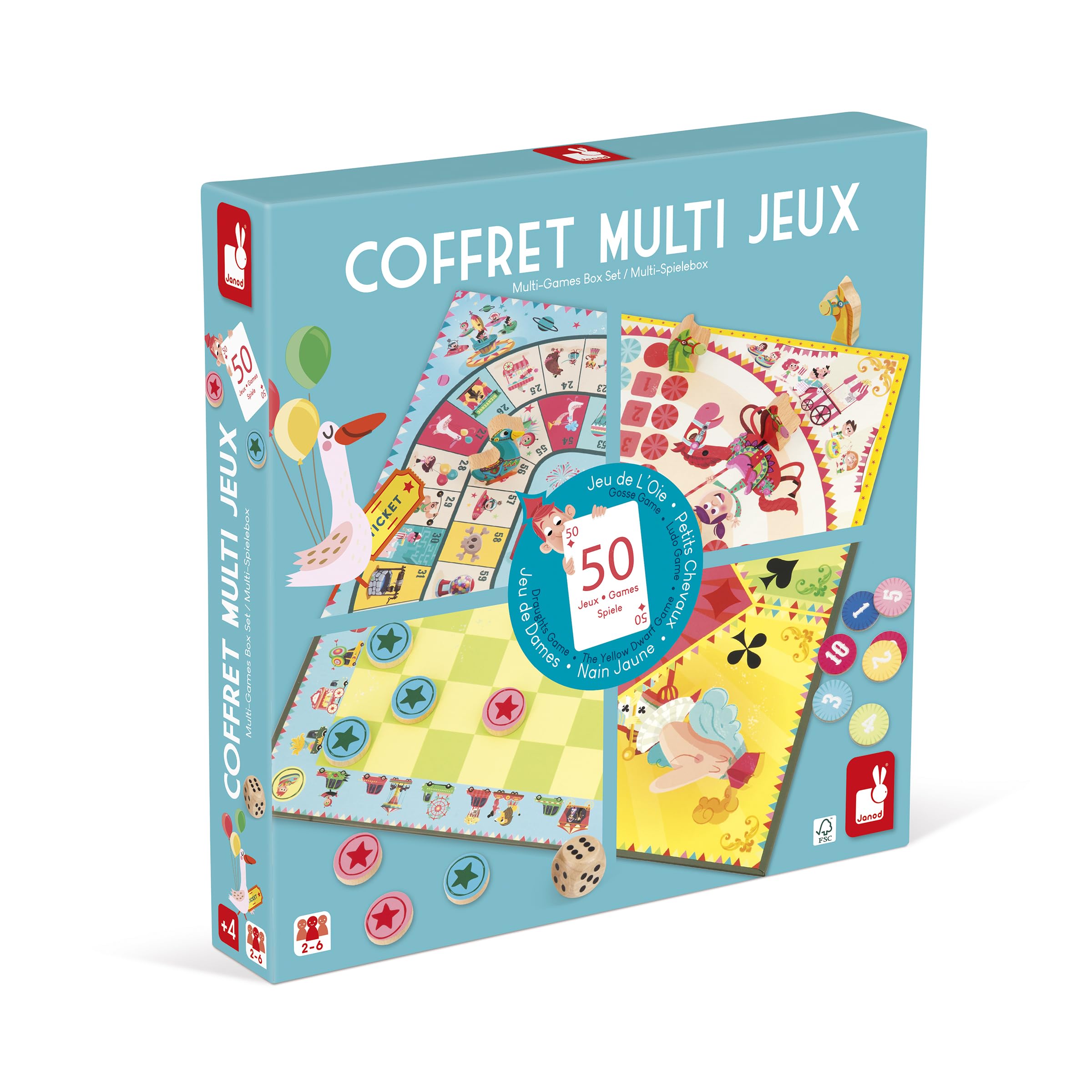 Janod - Coffret Multi-Jeux Carrousel - Jeux de Société Classiques - Dames, Petits Chevaux, Nain Jaune, 7 Familles, Jeu de l'oie - Dès 5 Ans, J02742