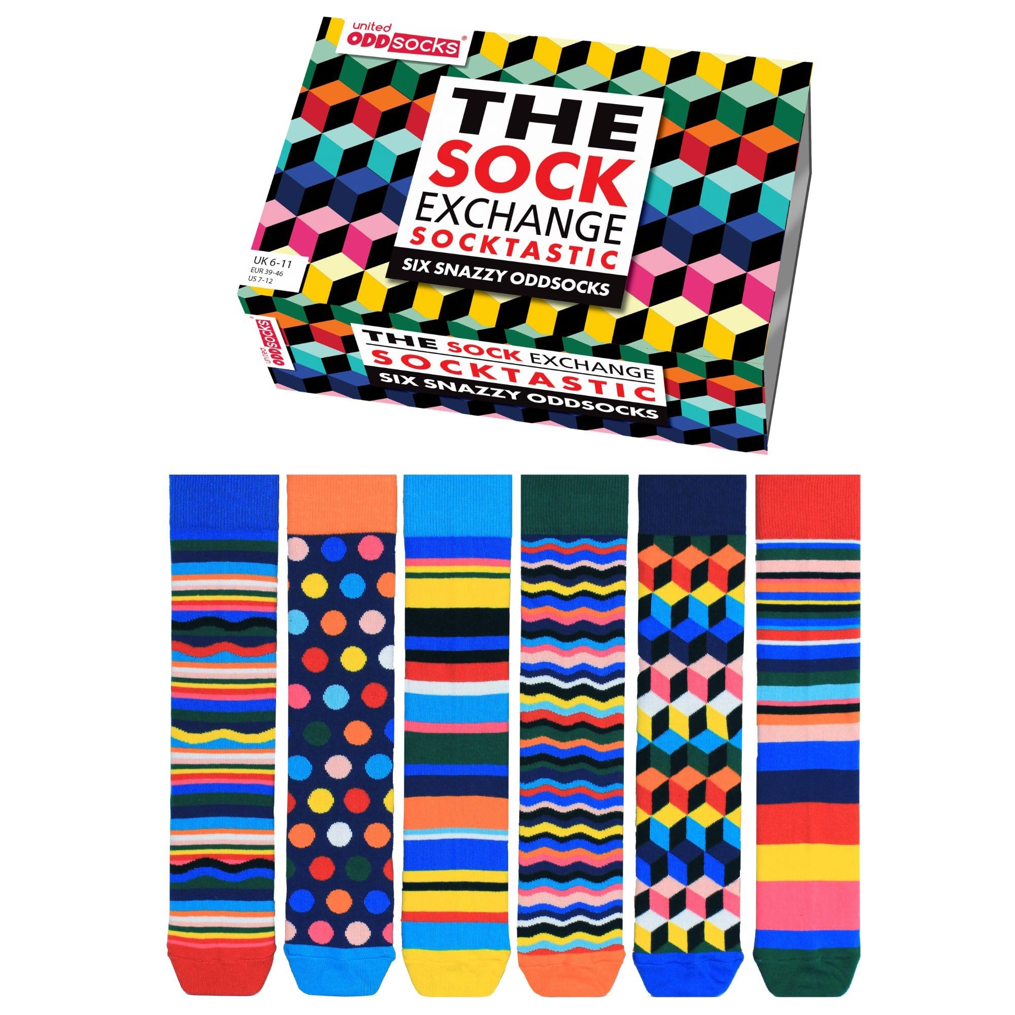 United Oddsocks Men's Socktastic The Sock Exchange Gift Box For – 6 Bold Mismatched Socks With Fun Patterns – 15 Creative Combos – Uk 6–11, Us 7–12, Eu 39–46 – Cotton Rich, Colourful Statet Gift Set Size 6-11
