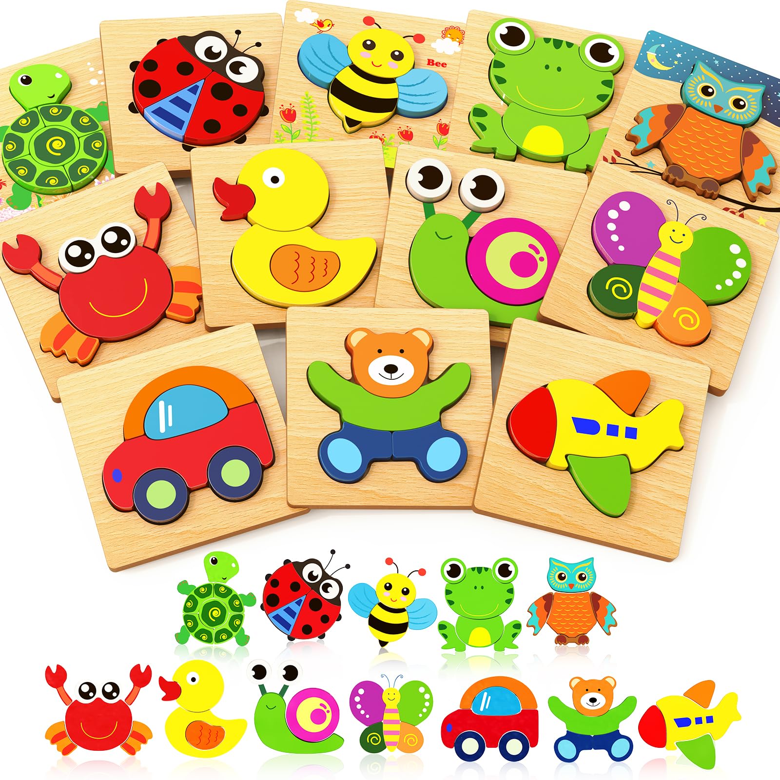 Bekayshad Wooden Puzzles Toddler Toys Gifts for 1 2 3 Year Old Girls Boys, 12 Pack Animal Jigsaw Puzzles Montessori Toys, Learning Educational Birthday Gifts for Girls Boys Ages 1-3