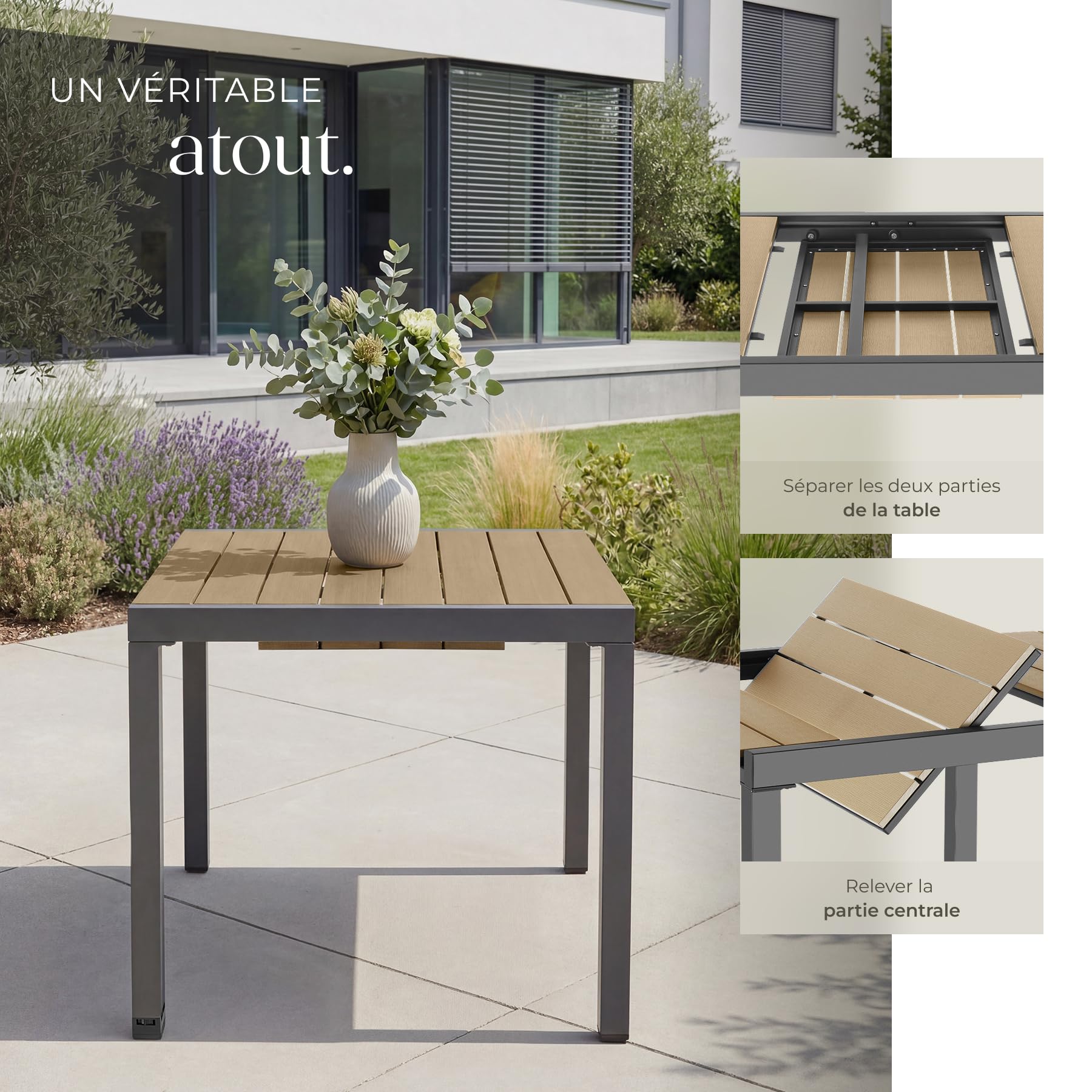 Tectake Table de Jardin Extensible Aluminium 80-120 x 80 x 74 cm 4-6 Personnes