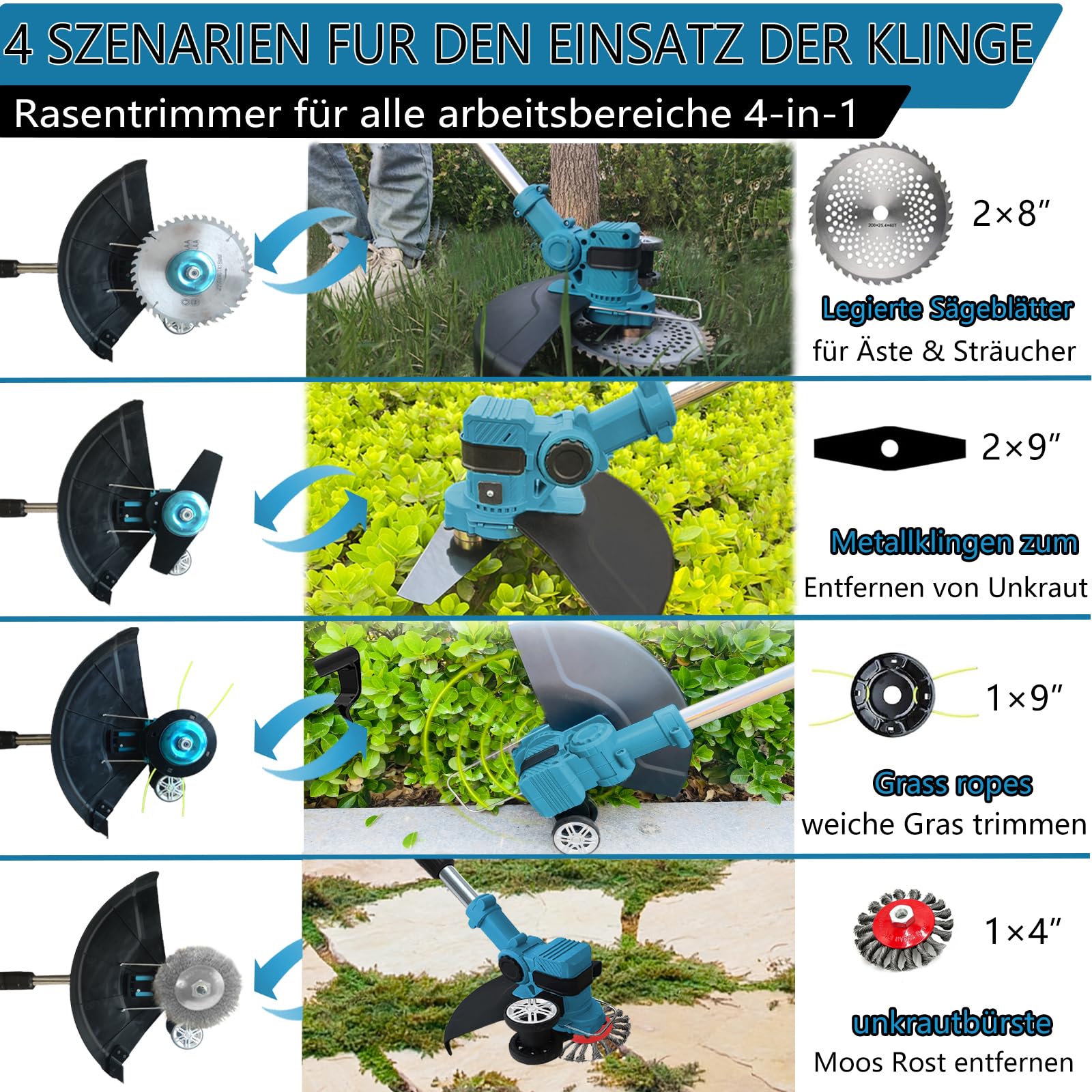 Akku Rasentrimmer für Makita Akkus, 4 in 1 Elektrischer Freischneider, mit 2 X 21V Makita Akkus & 4 Klingentypen, Rasenkantenschneider mit Verstellbarer Griff und Winkel des,für Garten und Rasen
