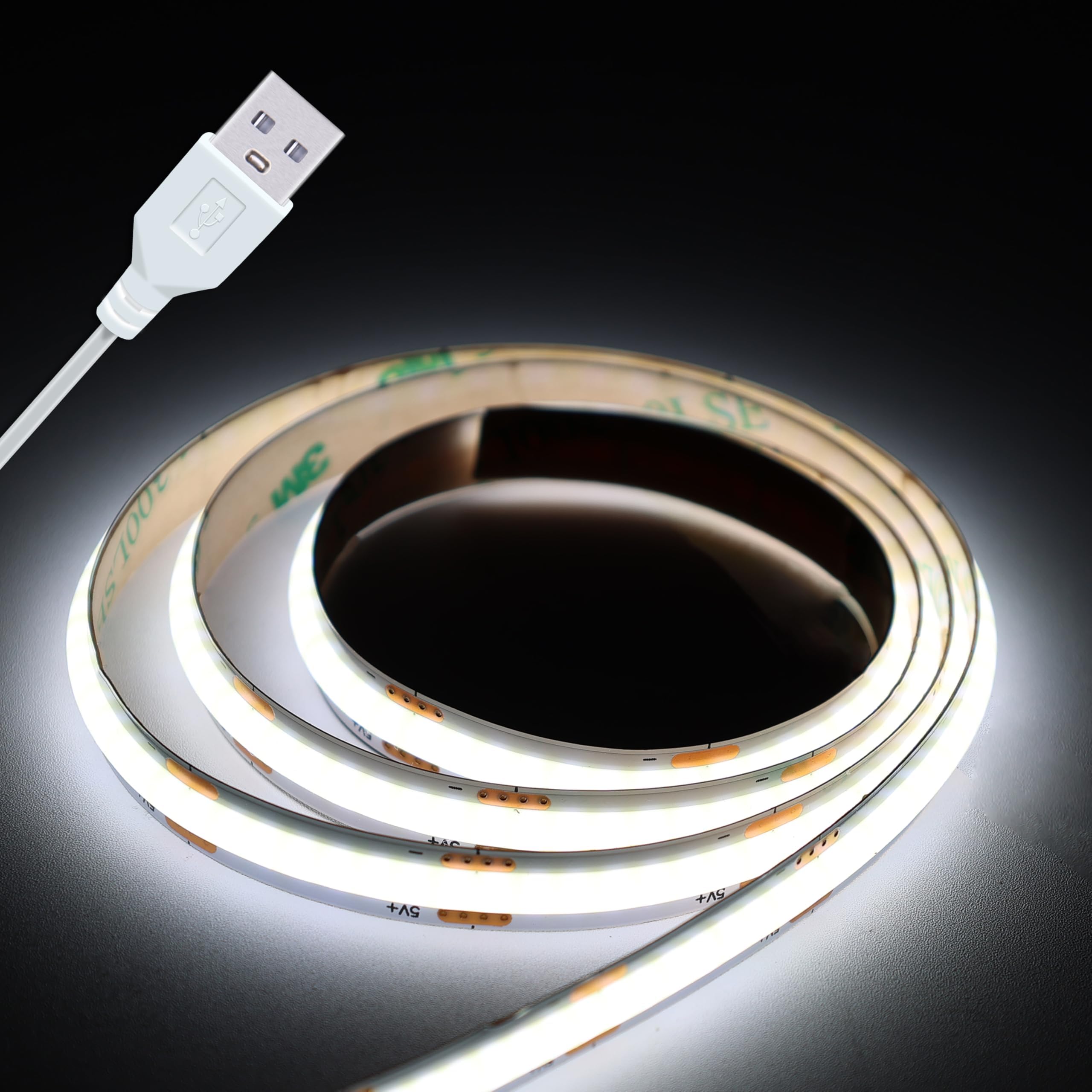 Led Strip Lights, 5V USB LED Lighting COB Short LED Strip Light White Flexible Not Dimmable led Light for Display Cabinet, Living Room,DIY Home COB Lighting Decor tv Lights (3.28FT 6500K)