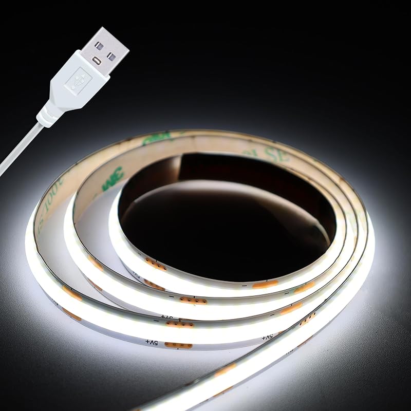 Short LED Strip Lights, COB 5V USB White 6500K (3.28FT) | 5W Small COB LED Strip, Flexible, Not Dimmable, For Display Cabinet Living Room DIY Home TV 3D Lighting