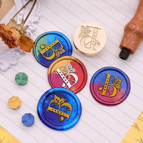 Miniatura 4 de SWANGSA Kit de sello de cera inicial del alfabeto B, sello de sellado de letras de mariposa vintage con 200 cuentas de cera de sellado
