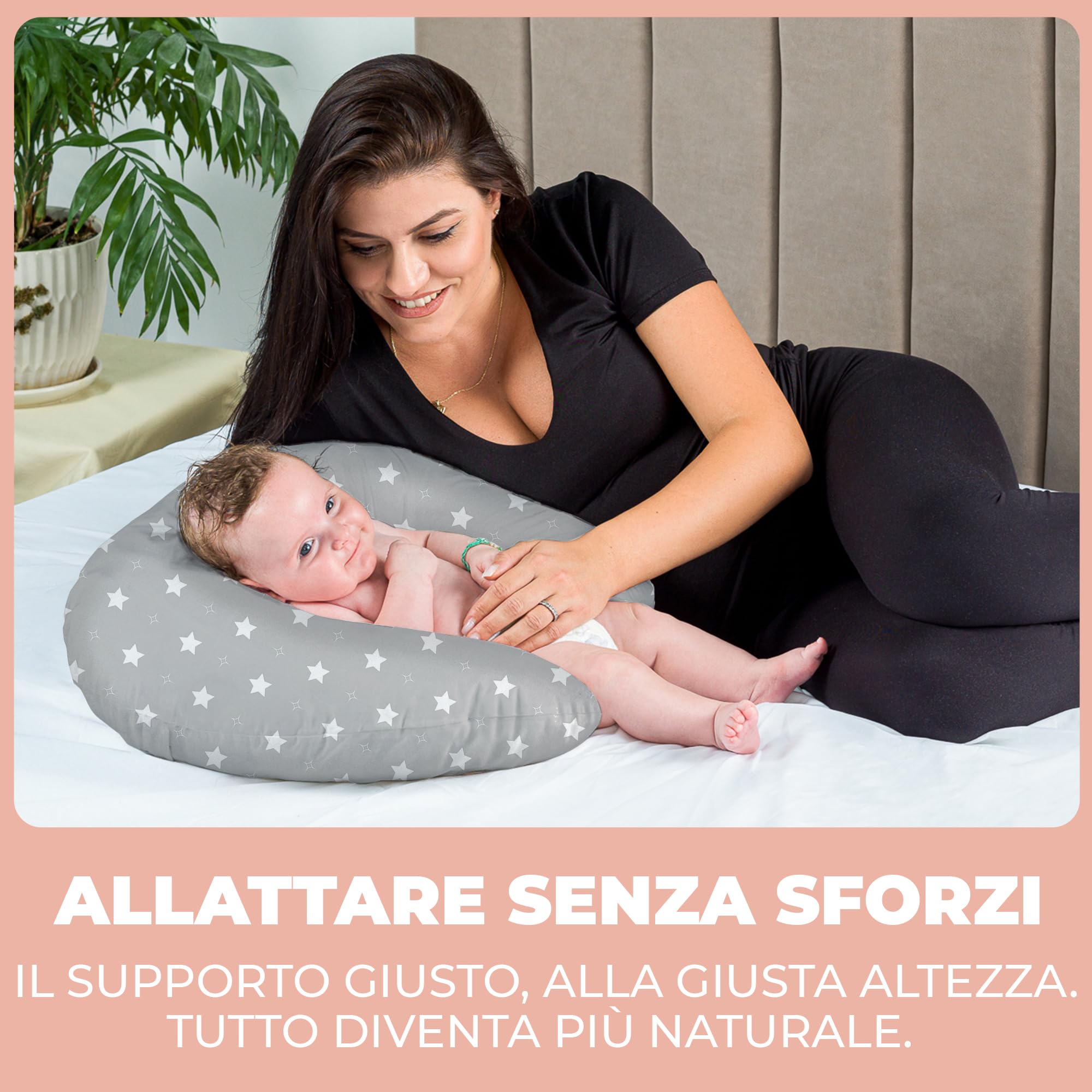 Cuscino Allattamento e Gravidanza Ciambella Allattamento Neonato con Federa in 100% Cotone e Morbido Riempimento Supporto Ergonomico alla Schiena Idea Regalo per Neo Mamme Accessorio Premaman Lavabile