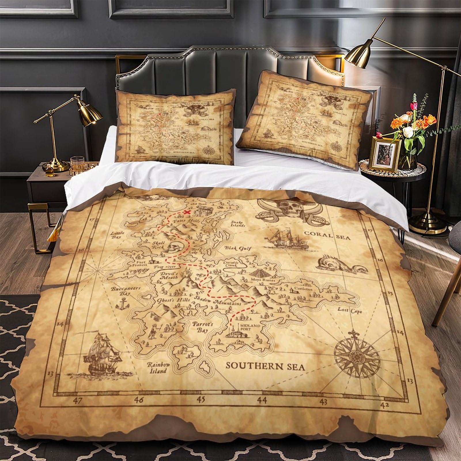Yvaspqrtw Xzgwceuk6dvj Pirate Map 3D Printing Quilt Cover 3Pc Premium Microfibre Stain-Resistant Vintage Treasure Duvet Cover 2 Pillowcases Zip Closure Bed Ensemble Couple Bedroom Double（200X200cm）