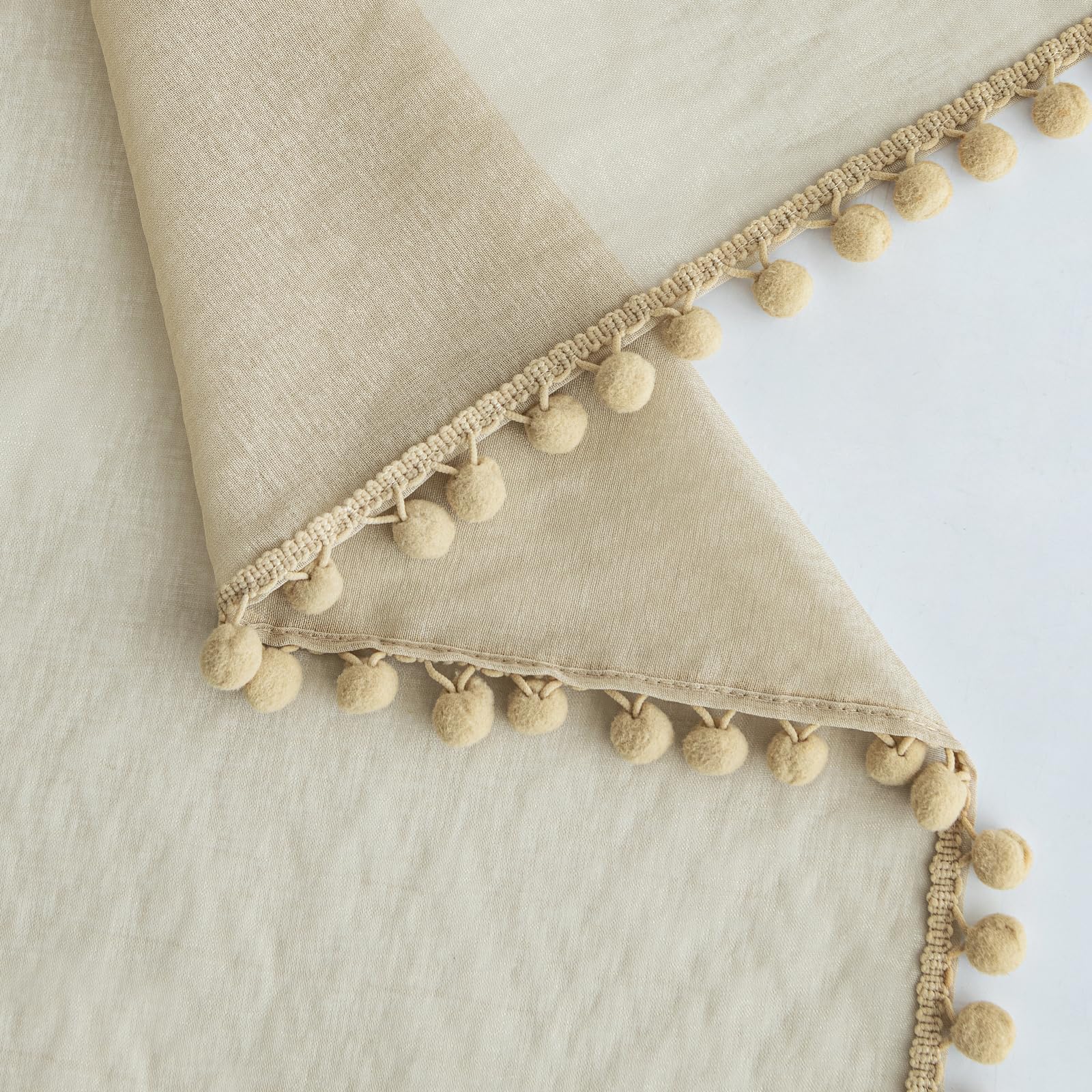 MIULEE Voilage Pompons Passe Tringle 2p L140 H225 Beige | Voilage décoratif à pompons boule avec œillets, style mignon pour chambre bébé et salon
