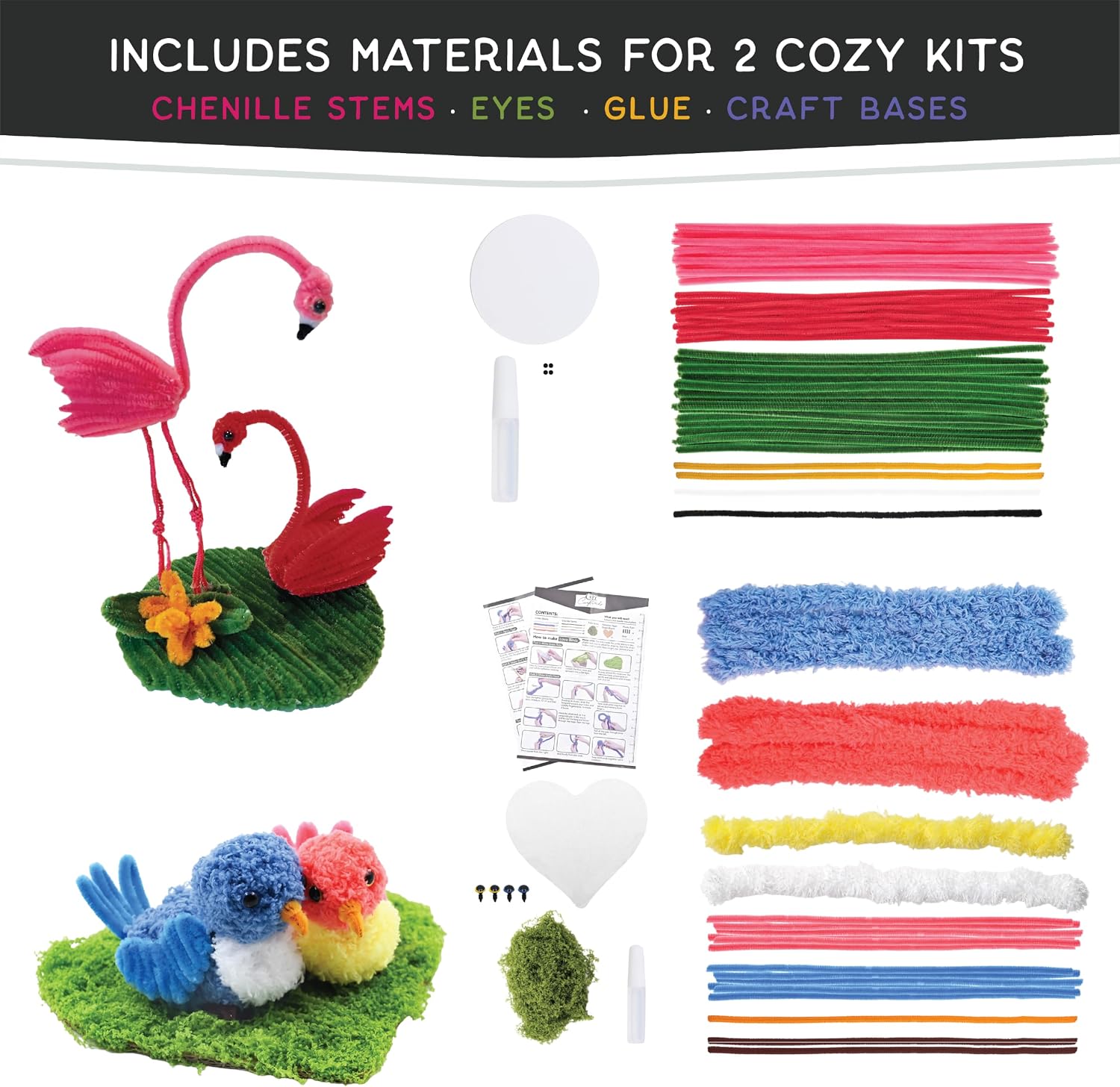WeVeel Cozy Craftworks Chenille Stem Animal Craft Kit for Adults – CC Love Birds & Flamingos Bundle – Relaxing DIY Arts & Crafts Kit with All Supplies