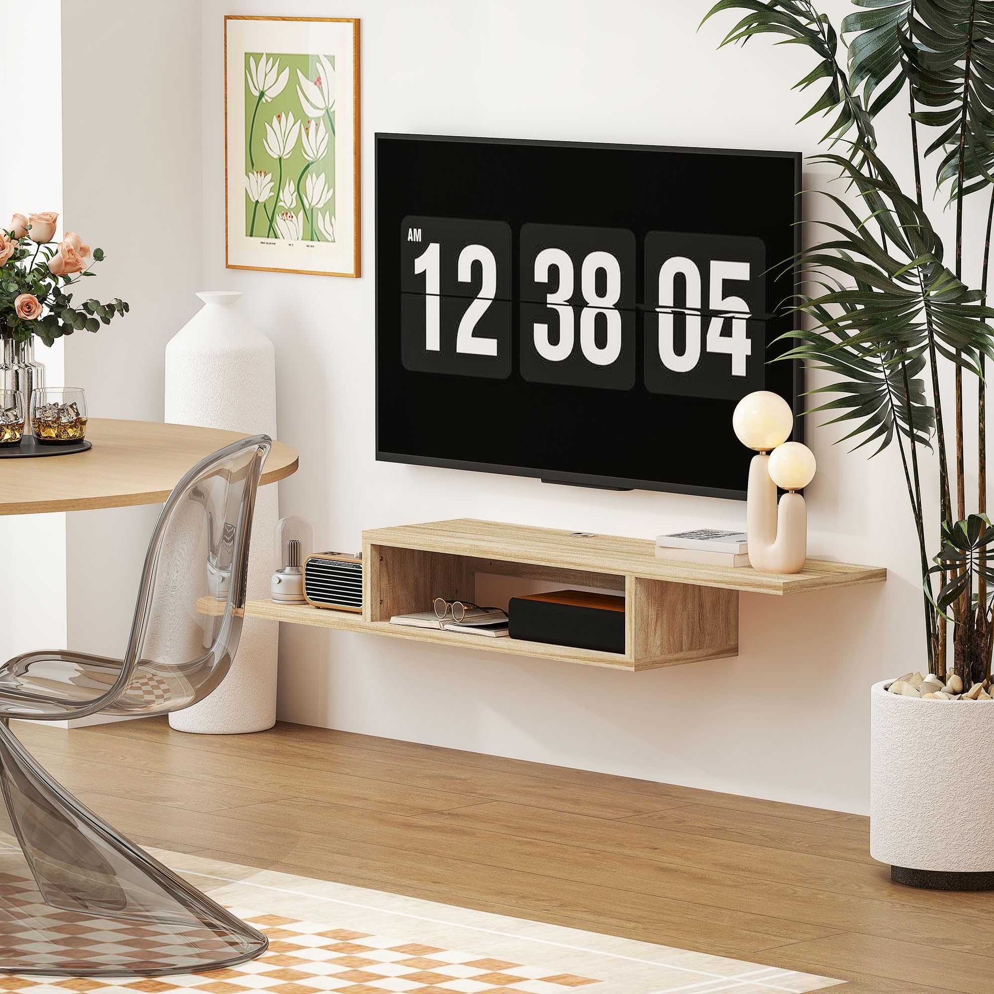 HOMCOM Meuble TV Mural Flottant Suspendu Support TV - étagère Murale Flottante - Niche, Passe-Fils - chêne Clair