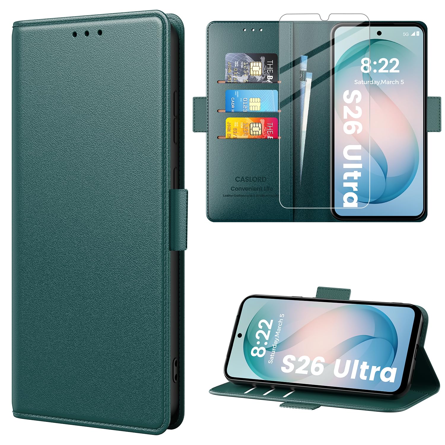 caslord Hülle für Samsung Galaxy S26 Ultra, Premium PU Leder Handyhülle, RFID-Blockierung Klapphülle [Mit 1 Stück Panzer Schutz Glas] Kompatibel mit Samsung Galaxy S26 Ultra -Dunkelgrün