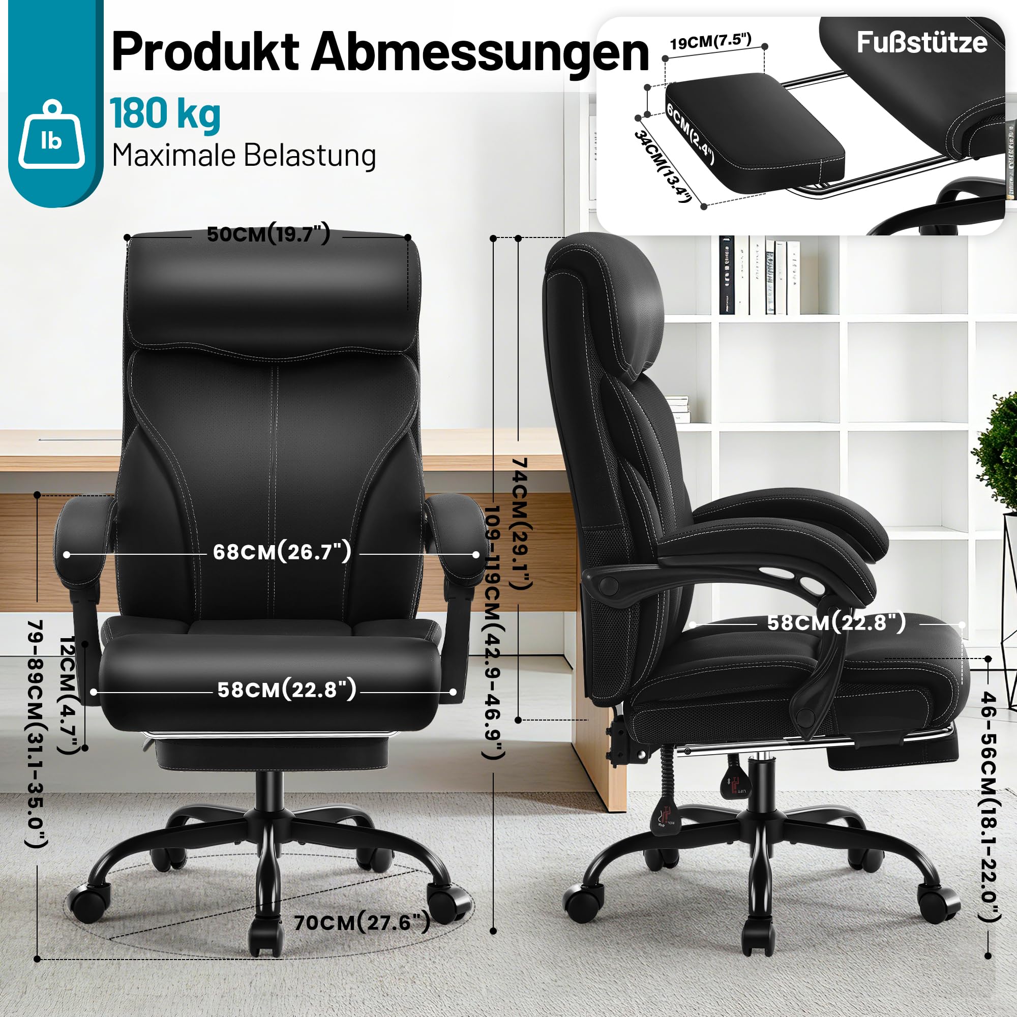 Ergonomischer Chefsessel mit Fußstütze bis 180 kg, Schwarz | Kunstlederbezug, verstellbare Armlehnen, hohe Rückenlehne, Liegefunktion, ideal für Büro & Homeoffice