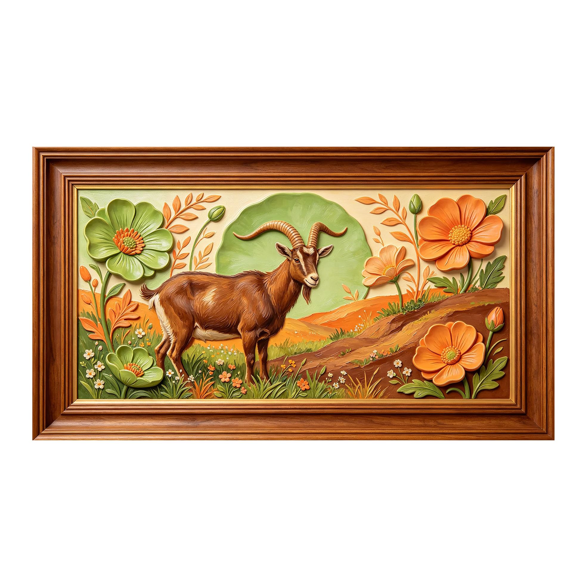 Yzpallescene 3D 3D Framed Wall Art 50cm×90cm Rustic Goat Pastoral Floral Relief Effect Large Size SelfAdhesive Removable Wall Decor Prints Artwork for Living Room Bedroom Office