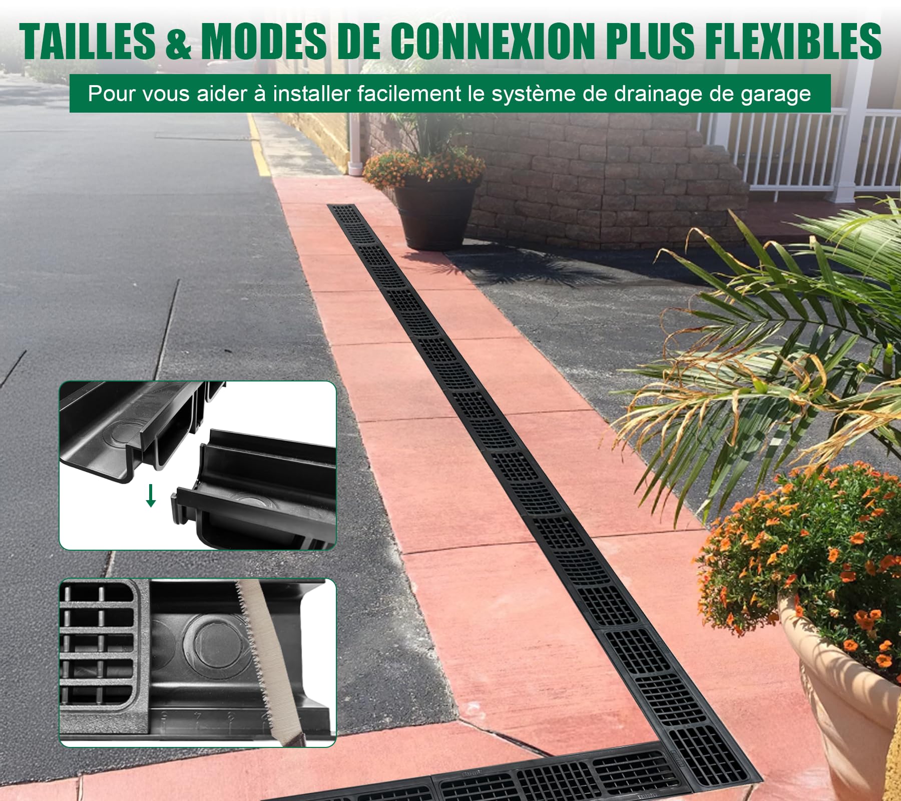 Lot de 12: 500x140x100 mm Caniveau Terrasse en PEHD Noir avec Grille, B125 caniveau extérieur de Drainage en PEHD, 6m, pour l'allée, Le Jardin, la terrasse, Le Garage, Le Cour