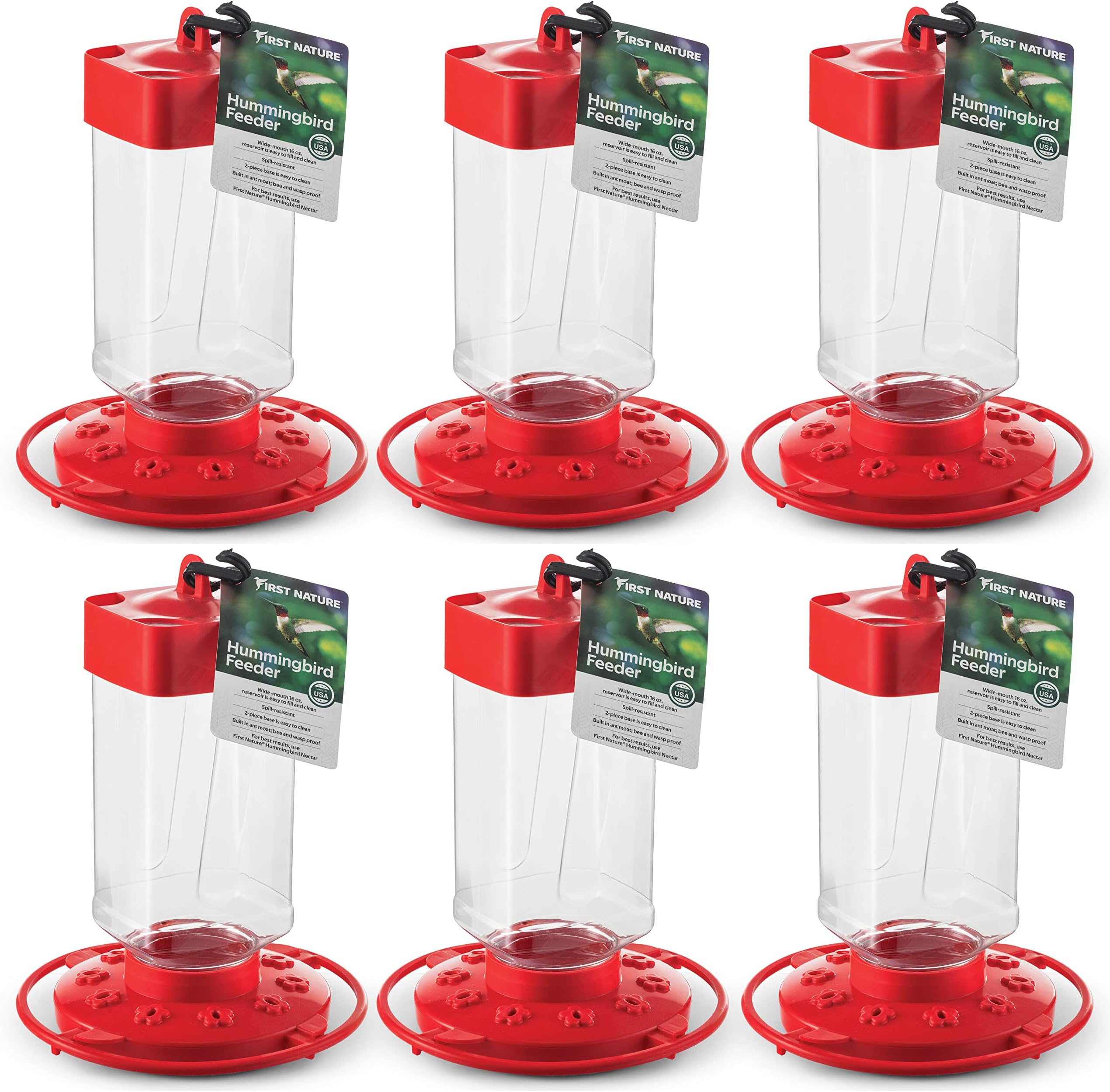 Hummingbird Feeder 32 oz [Set of 6] Plastic Hummingbird Feeders for Outdoors - Humming Bird Feeders - 10 Feeding Ports - Wide Mouth for Easy Filling/2 Part Base for Easy Cleaning