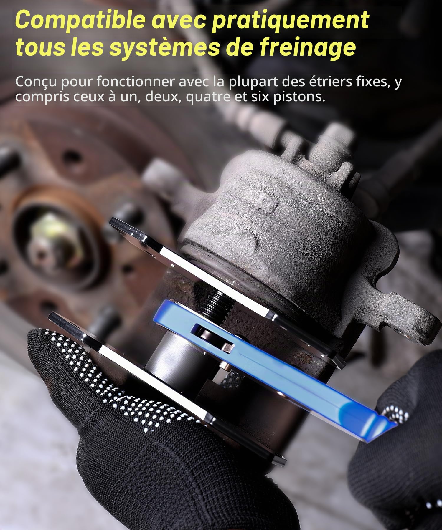 Outil de compression pour étrier de frein, interrupteur à cliquet pivotant à 360° avec 2 grandes plaques en acier supplémentaires et 2 crochets et poignée en nylon, gants de travail pour