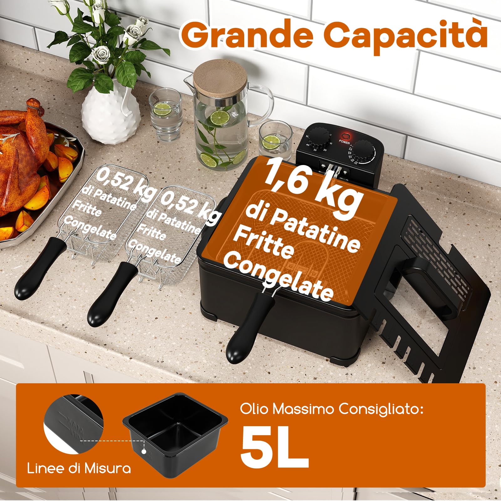 COSTWAY Friggitrice ad Olio 5 L, con 1 Cestello Grande e 2 Piccoli, Temperatura e Timer Regolabili, Friggitrice Elettrica Smontabile con Protezione dal Surriscaldamento, Potenza 1700 W