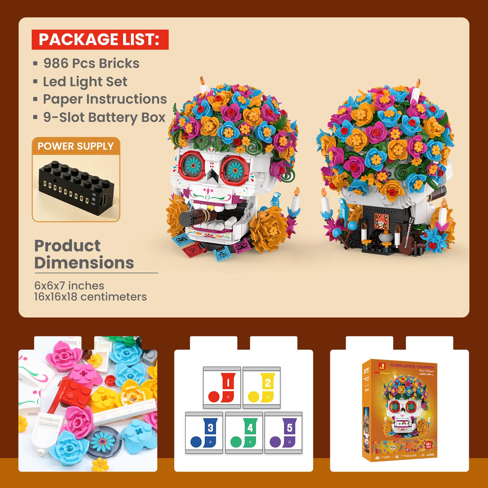 JMBricklayer Calavera Zuckerschädel Totenkopf Klemmbausteine mit LED 40008 | 986PCS Calavera Día de los Muertos Blumen Deko Bausatz mit LED Augen, 3 Kerzen & Gedenkaltar. Für Erwachsene ab 14