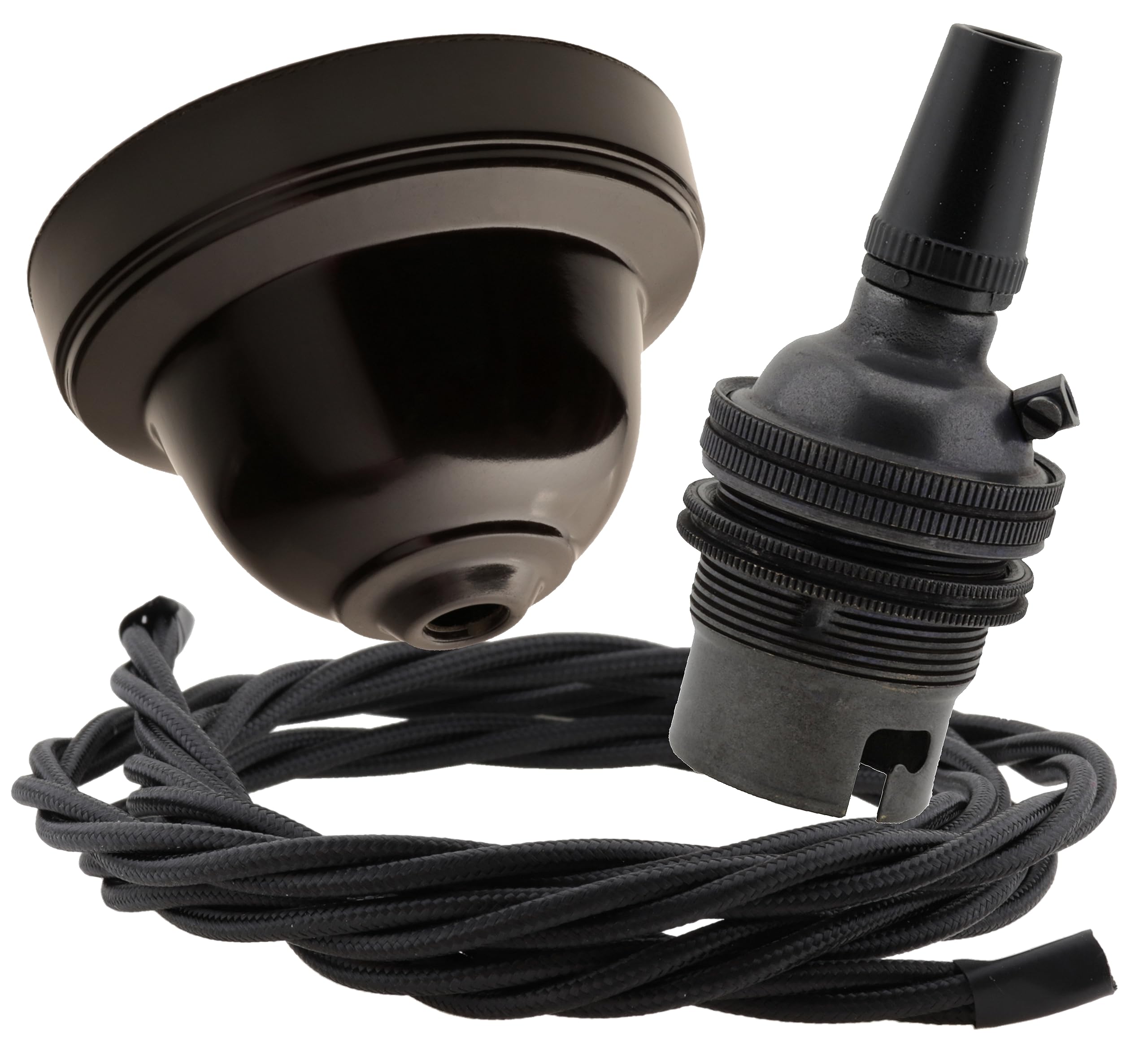 Repaireum Ltd. Vintage Styled Ceiling Pendant Kit incl. Brown Bakelite Rose, Traditional B22 Lampholder in Dark Bronze and 3 Core Black Braided Twisted Flex