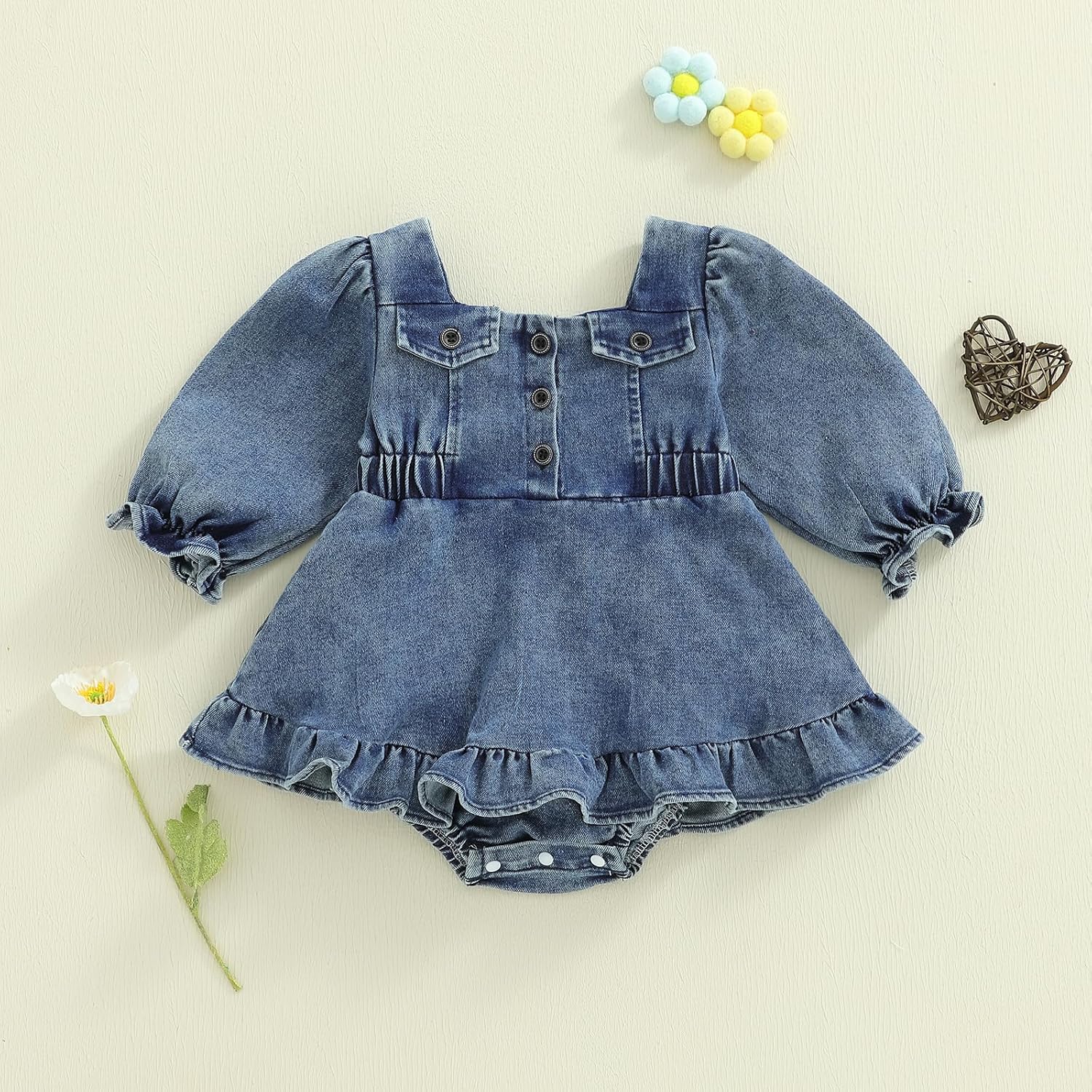 Gaono Toddler Baby Girl Denim Dress Long Sleeve Square Neck Button Down A-line Blue Jean Dresses Fall Winter Clothes