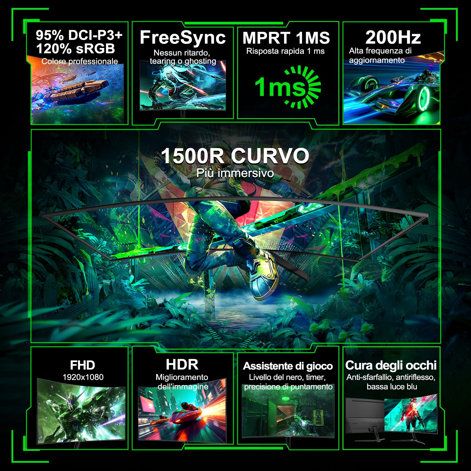 Minifire Gaming Curved Monitor 27 Pollici MFG27C1 200Hz 1Ms 120% sRGB Monitor con Sprecher 1920 * 1080 VA Panel (MFG27C1 con cavo HDMI)