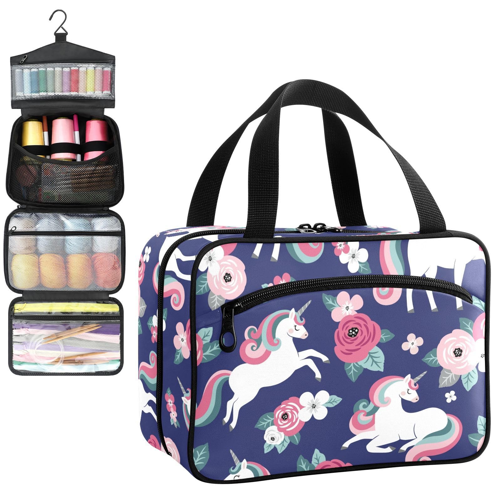 YNNALE Sewing Supply Organizer Bag, Pink Unicorn Floral Navy Blue Background Portable Sewing Bags with Pockets&Hanger, Sewing Storage Box Case for Sew Supplies/Kit/Tools/Accessories (BAG ONLY)