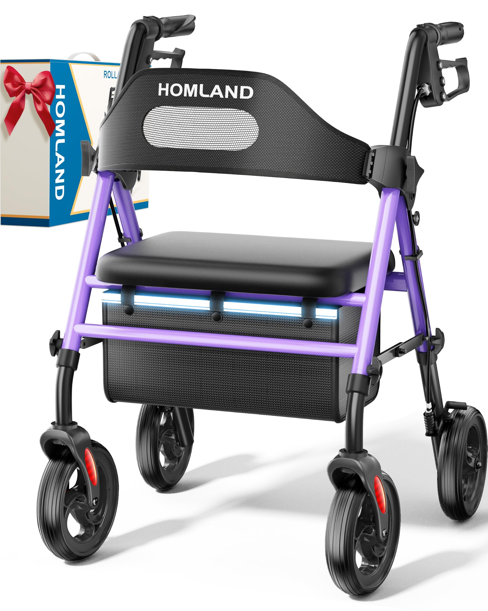 HOMLAND Deambulatore pieghevole con sedile per anziani, ruote grandi da 20,3 cm, capacità di peso di 158,8 kg, maniglie regolabili e altezza della seduta, deambulatore leggero, viola
