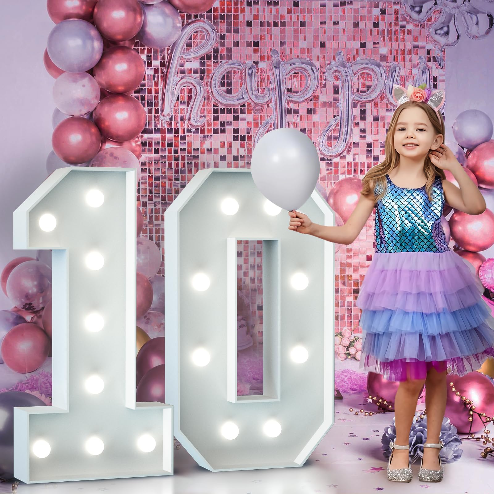 10th Birthday Decorations 3FT Large Light Up Numbers 10th Wedding Anniversary Party Decor Big Marquee Numbers for Wedding Graduation Decorations Cardboard Mosaic Pre-cut Foam