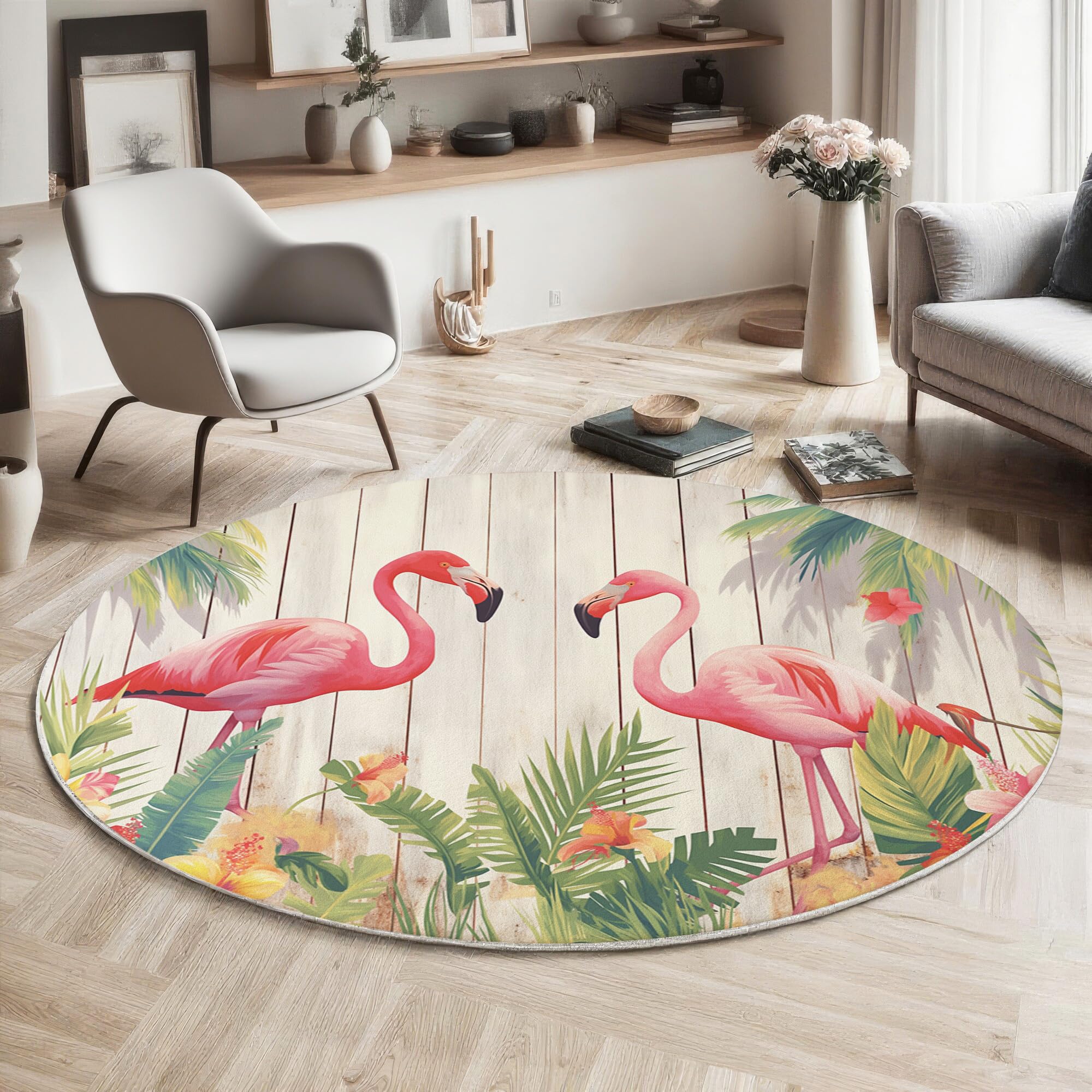 Tapis rond flamants roses 80cm pour salon et chambre