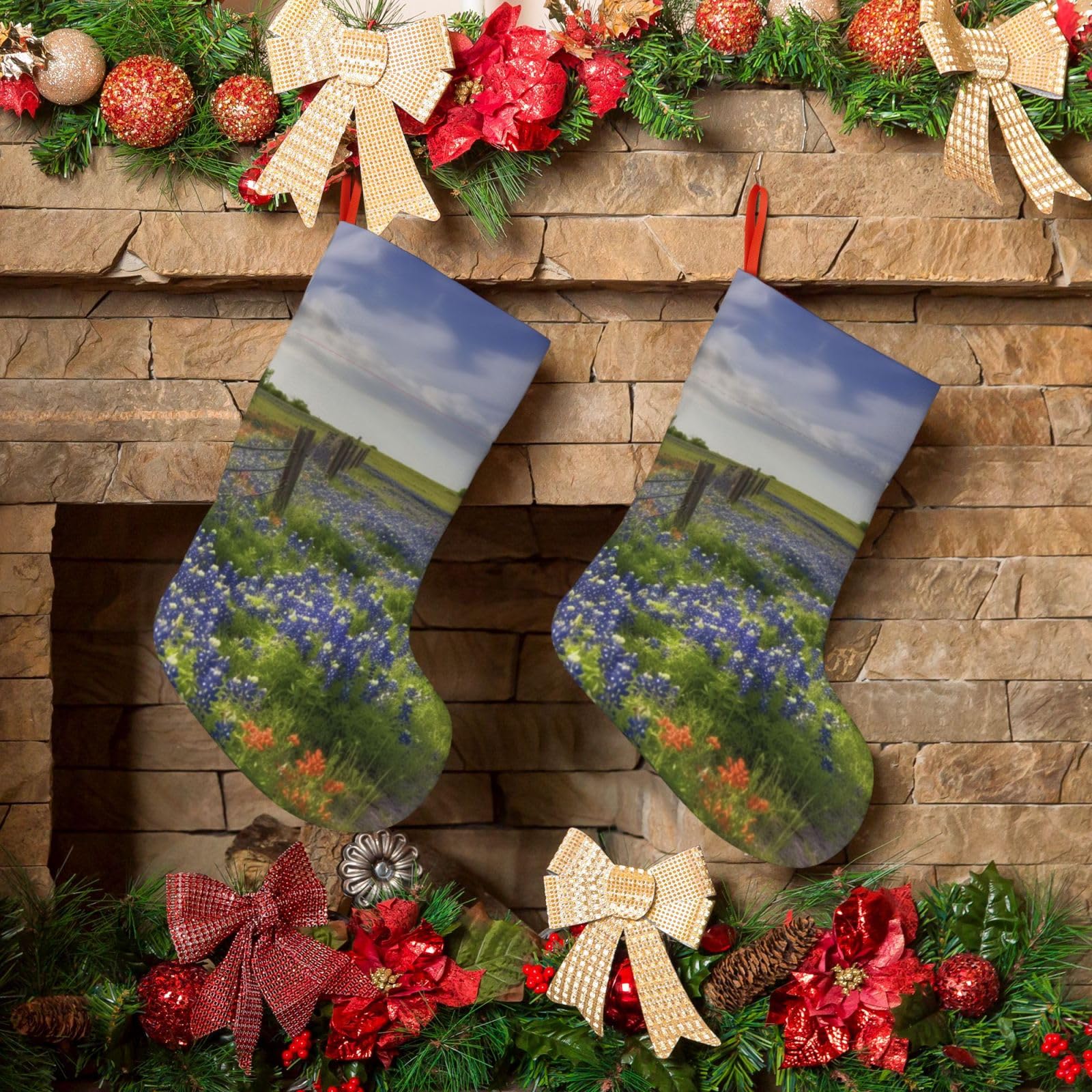 KLOPH Christmas Stockings 18" Personalized Xmas Stocking Texas Bluebonnets Scenery Decoration Stocking Hanging Fireplace Stocking for Holiday Xmas Tree Christmas Fireplace Decor