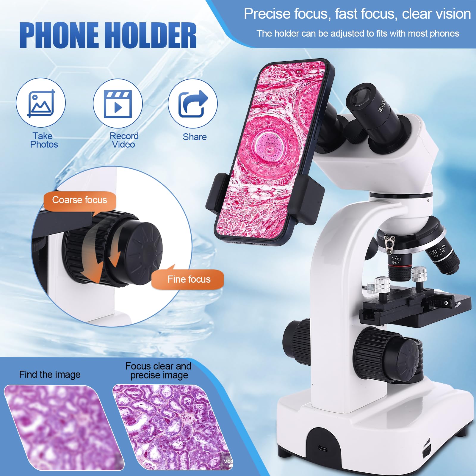 Microscopio para adultos y niños, microscopio binocular 40-2500X para laboratorio escolar y escuela en casa, con etapas mecánicas, juego de diapositivas y soporte para teléfono