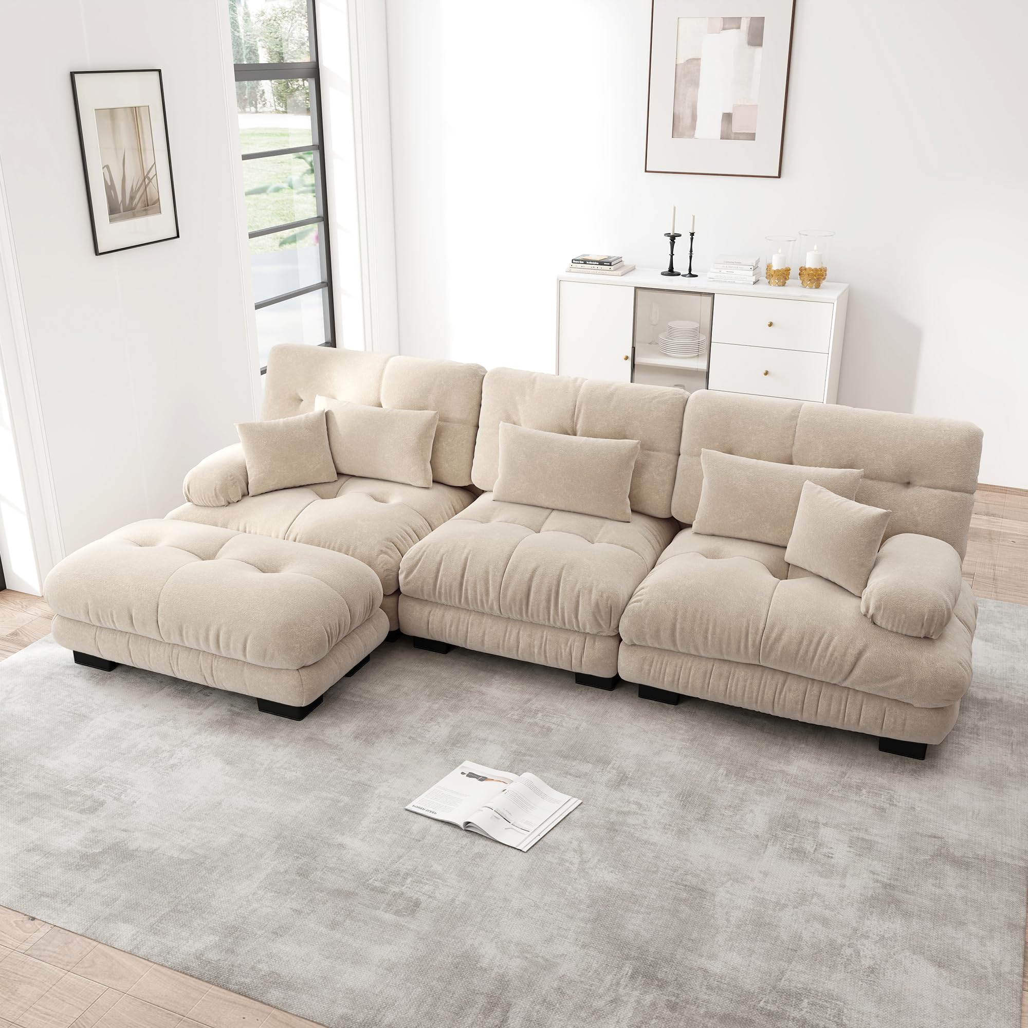 Divano Modulare di Lusso ad Angolo - Divano Cloud Extra Large a Forma di L per Soggiorno, Divano Letto Profondo con Pouf, in Cord (Marrone Chiaro+3 Posti)