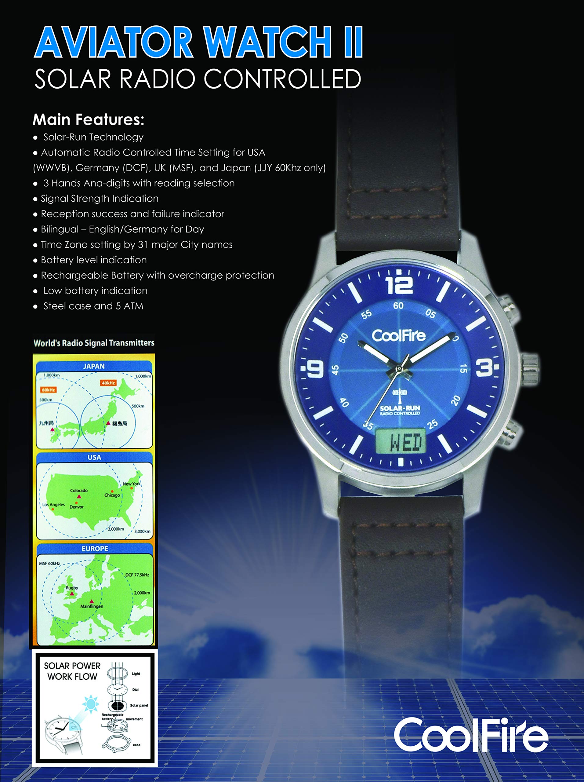 Solar Atomic I Aviator Solar Power Radio Controlled Watch by Coolfire