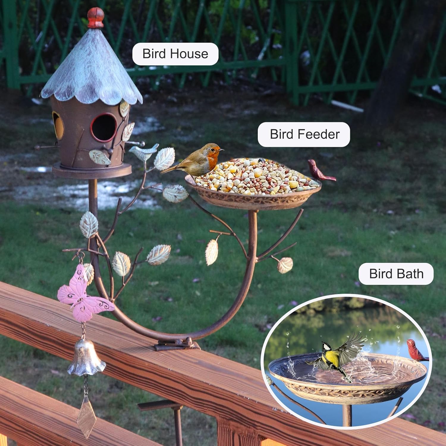HLQMFHT Deck Bird Bath, Metal Bird Bath and Bird Houses, Decorative Deck Mounted Bird Baths, Detachable and Adjustable Sturdy Deck Bird Bath for Outdoor Porch Yard Garden Decoration