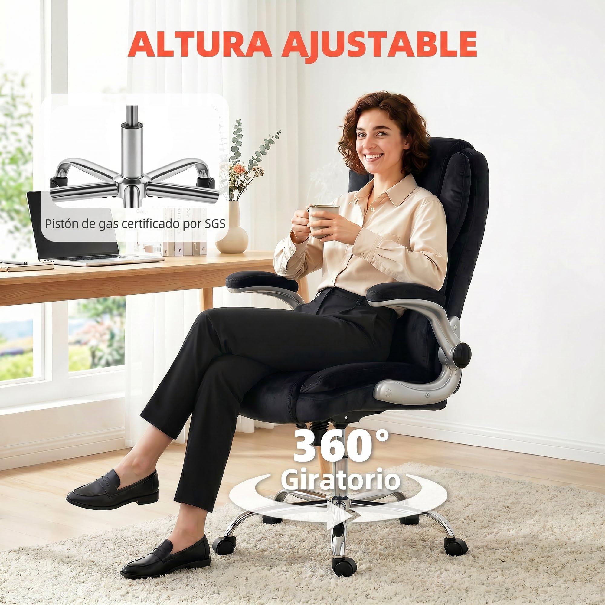 HOMCOM Silla de Escritorio Ergonómica con Reposabrazos Abatibles Negro | Silla de Oficina con Respaldo Alto, Asiento con Muelles, Altura Ajustable, Función Basculante, Tapizado en Terciopelo