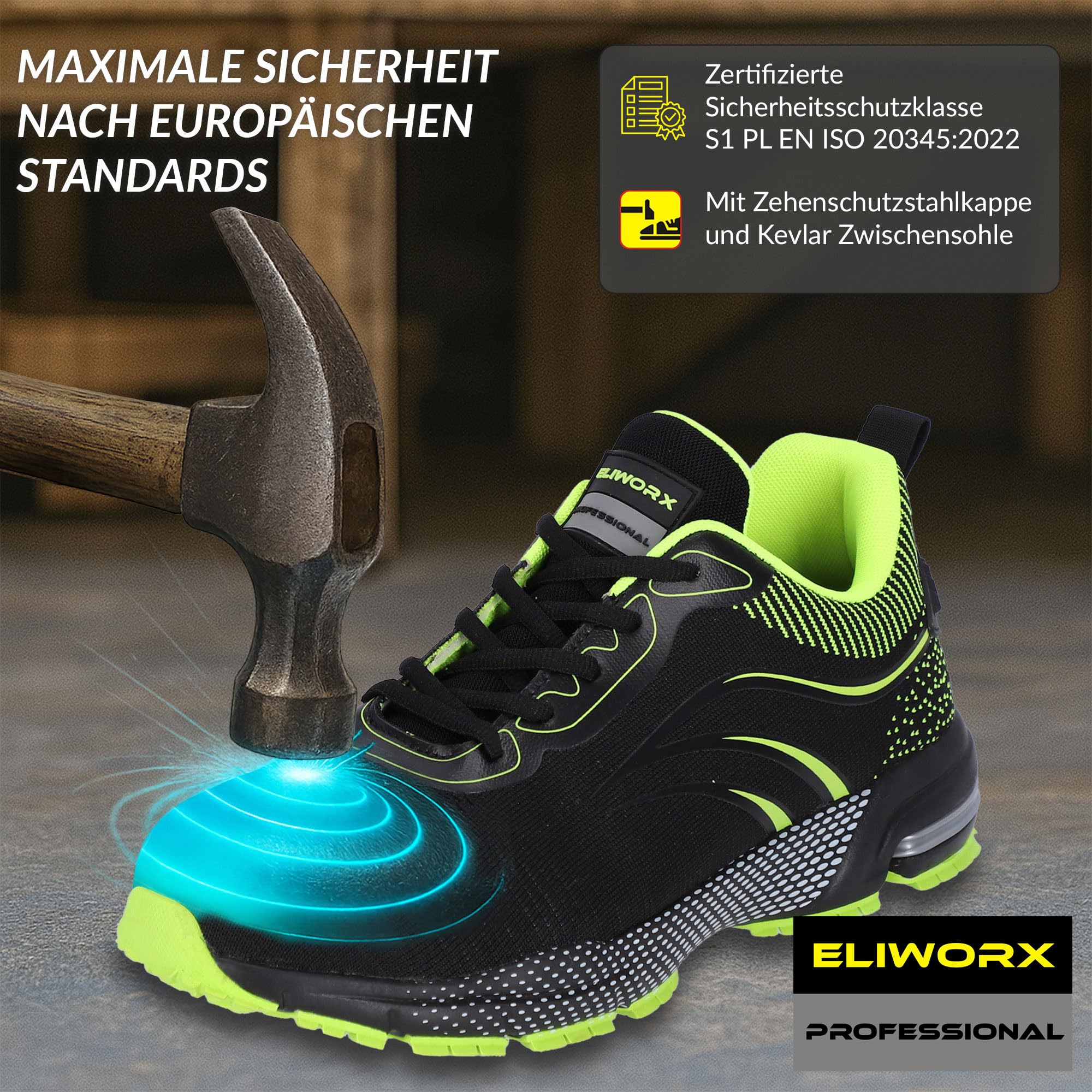 Zapatos de seguridad para hombre S1 PL de malla transpirable - Onyx Pro - Con puntera de acero, entresuela de kevlar resistente a la penetración, especialmente antideslizante
