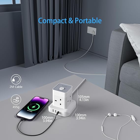 AICODE Cube Extension Lead with 4 USB Slot,4 Way Multi Plug Socket,2M Cable