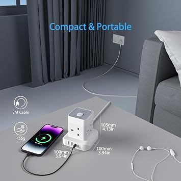 AICODE Cube Extension Lead with 4 USB Slot,4 Way Multi Plug Socket,2M Cable