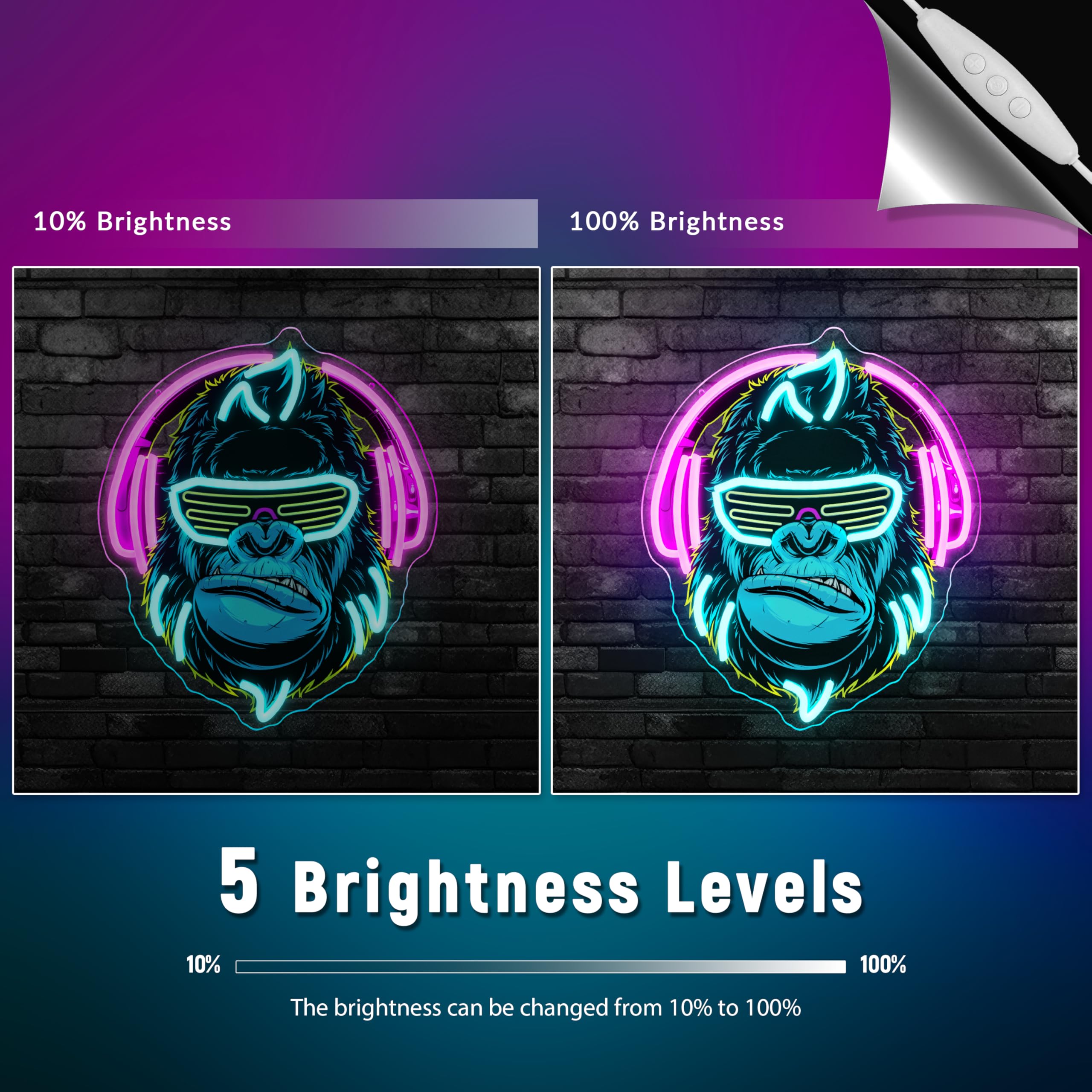 Auriculares, letrero de neón con luz LED Kong regulable para decoración de pared, sala de juegos, cueva de hombre, decoración de bar, fiesta en casa, letrero LED alimentado por USB