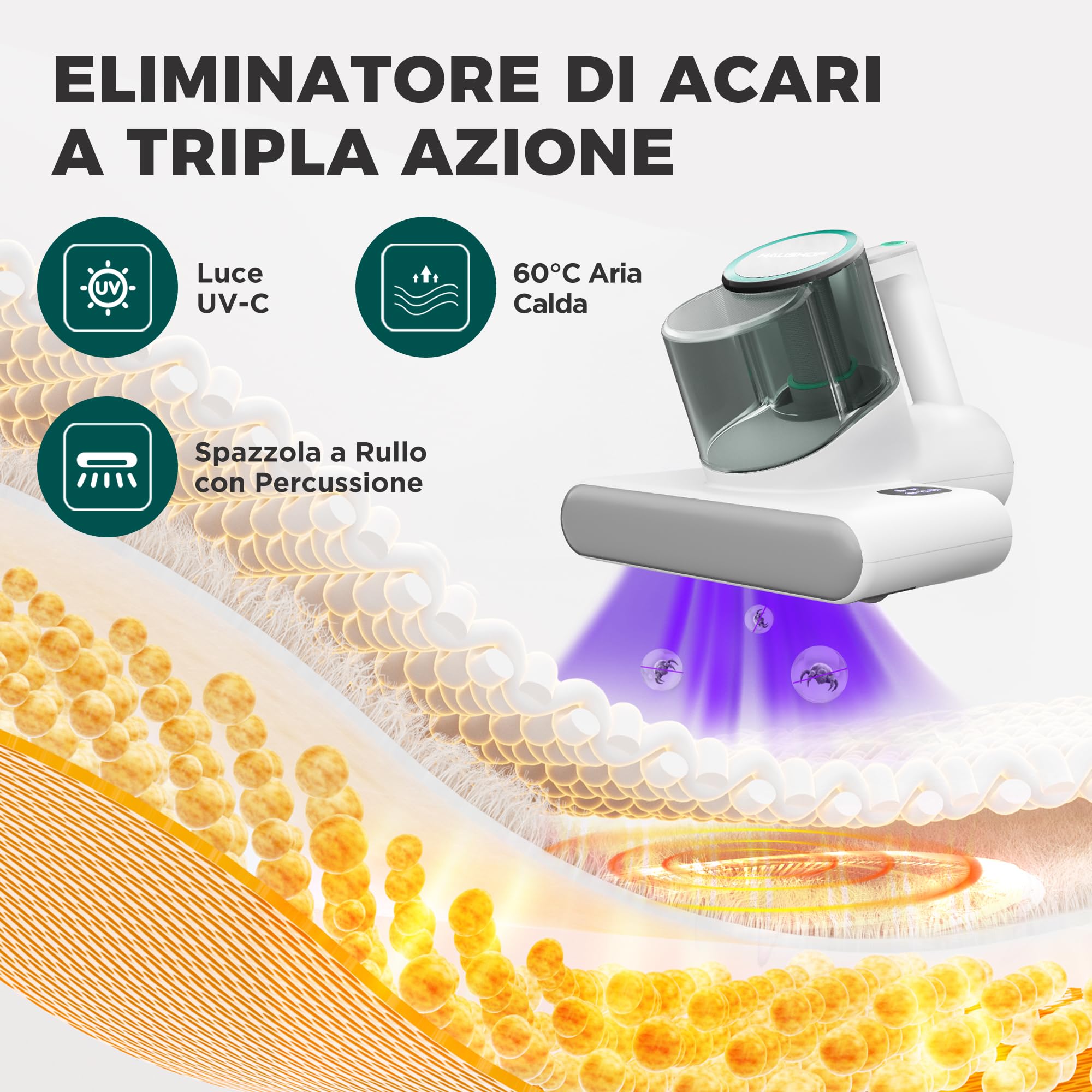 HAUSHOF Aspirapolvere per Materassi, Battimaterasso Antiacar 16 kPa con Luce UV-C 275 nm, 60 °C Aria Calda, Filtro HEPA, Doppio serbatoio della Polvere, per Letto, Divano