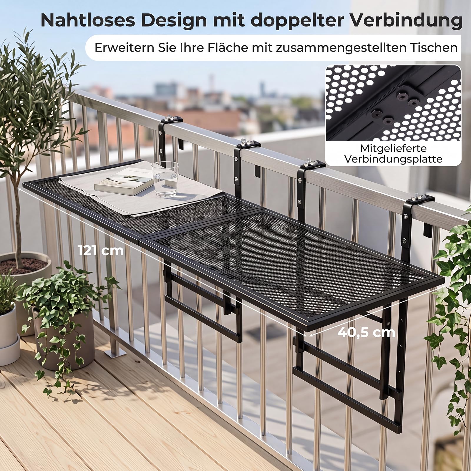 COSTWAY Balkontisch klappbar 2er Set, Balkonhängetisch zum Einhängen | 5-Fach höhenverstellbar, Klapptisch aus Metall, rechteckiger Hängetisch für Balkon, 20 kg Tragfähigkeit, 121 x 40,5 cm