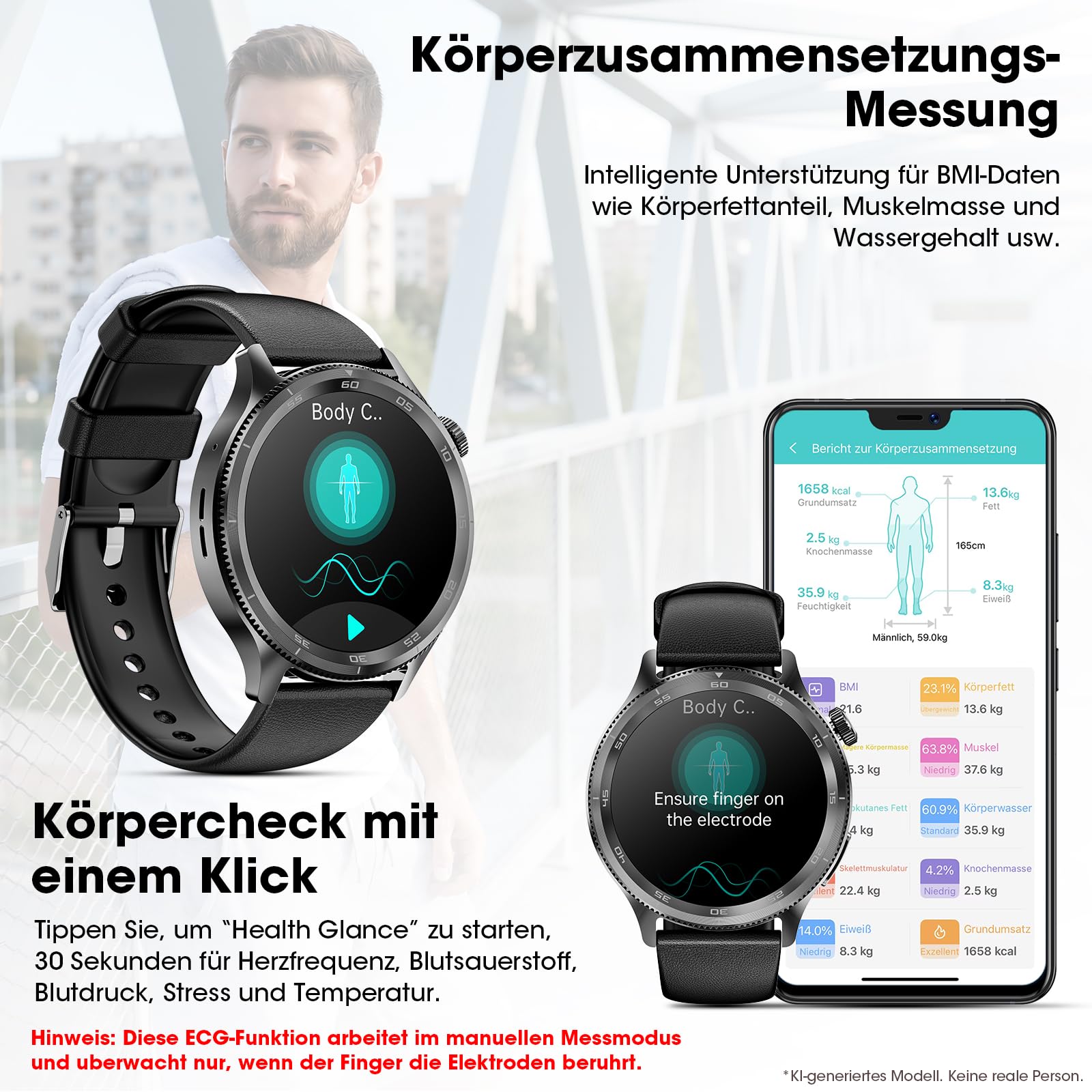 Smartwatch Herren mit EKG & 𝐇𝐑𝐕, 1,43" AMOLED Gesundheitsuhr | Bluetooth-Anrufe, Herzfrequenz, SpO₂, Schlafmonitor sowie BMI, Blutdruck und Harnsäurefunktion, Fitnessuhr für Android & iOS